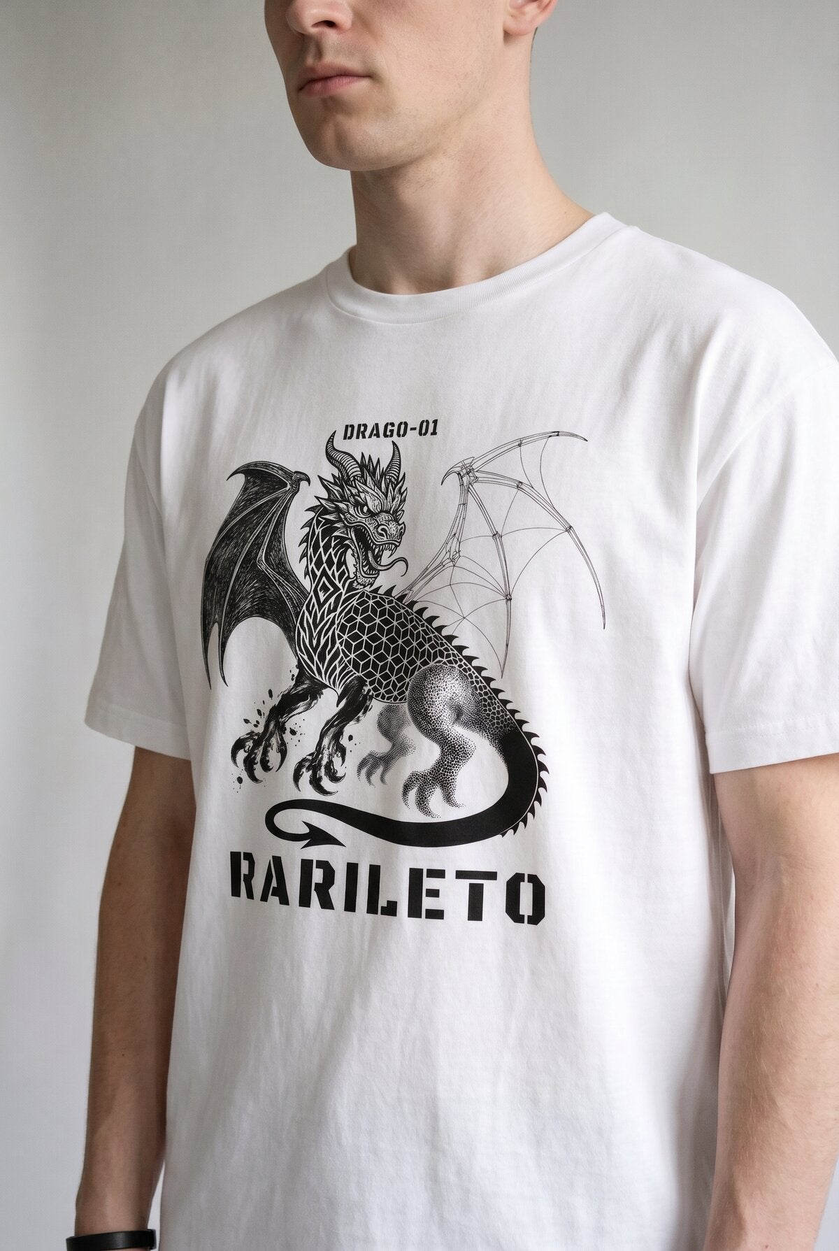 White close-up graphic print detail — RARILETO Drago Classic Tee