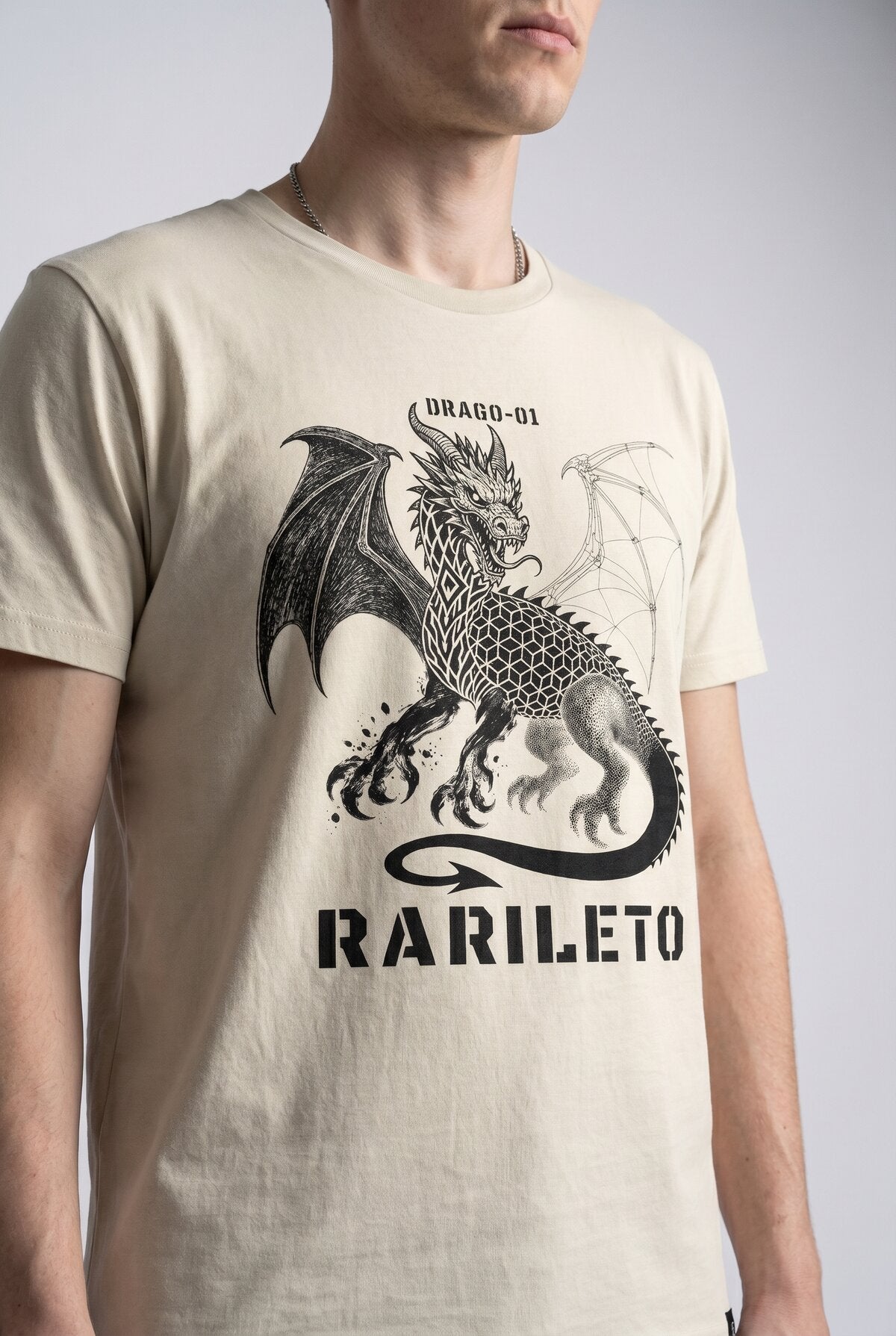 Natural close-up graphic print detail — RARILETO Drago Classic Tee