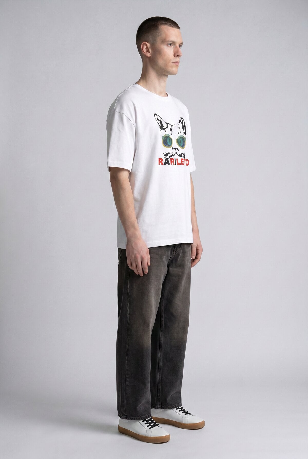 White male model side view — RARILETO Cat Eyes Classic Tee