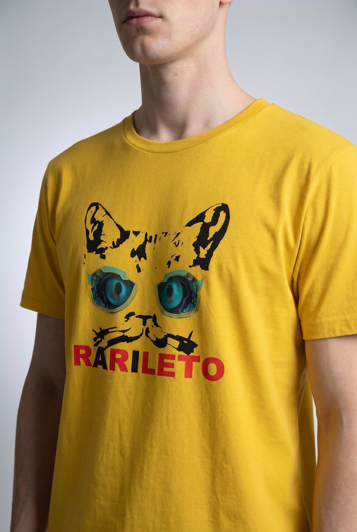 Yellow close-up graphic print detail — RARILETO Cat Eyes Classic Tee