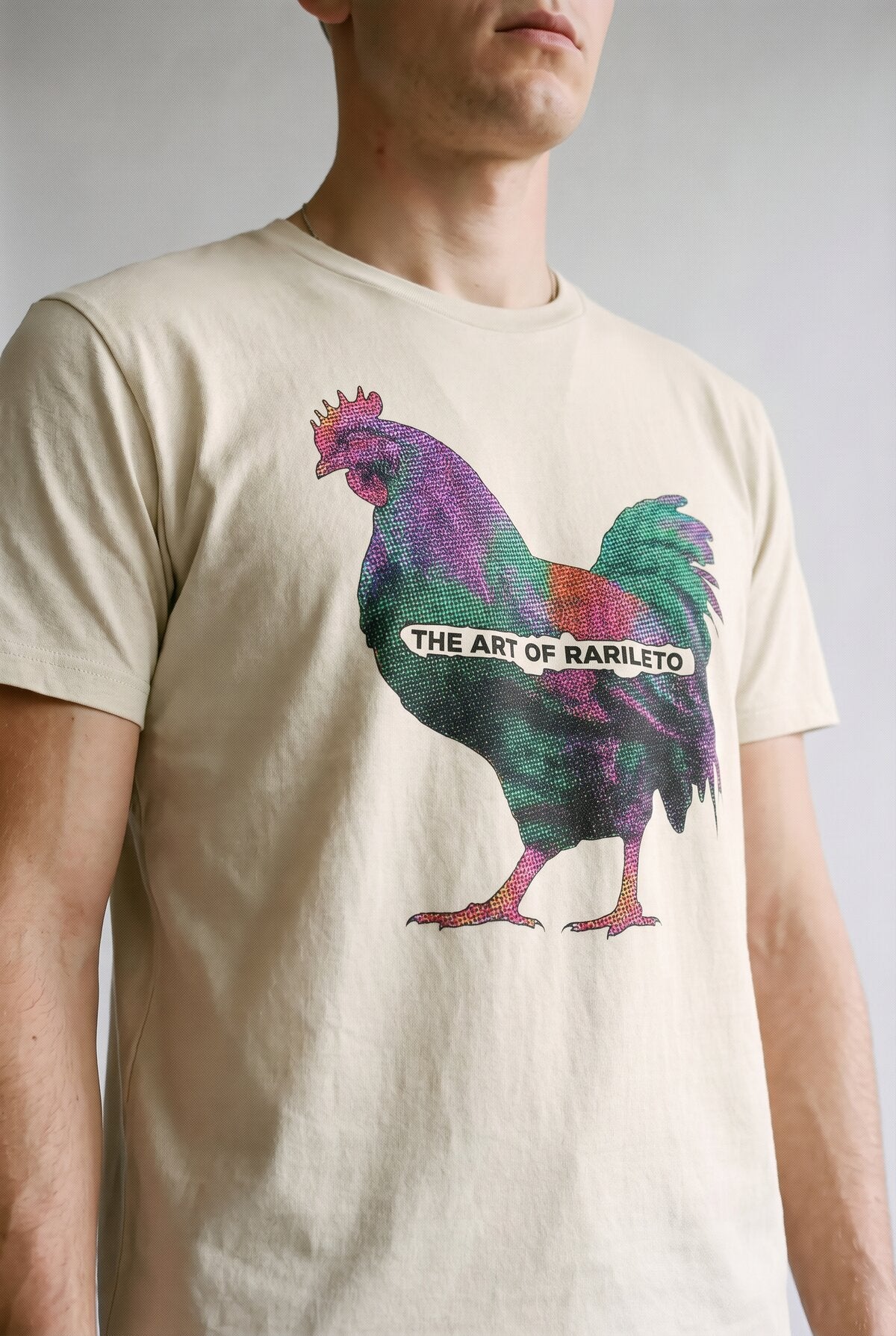 Natural close-up graphic print detail — RARILETO Chicken Classic Tee