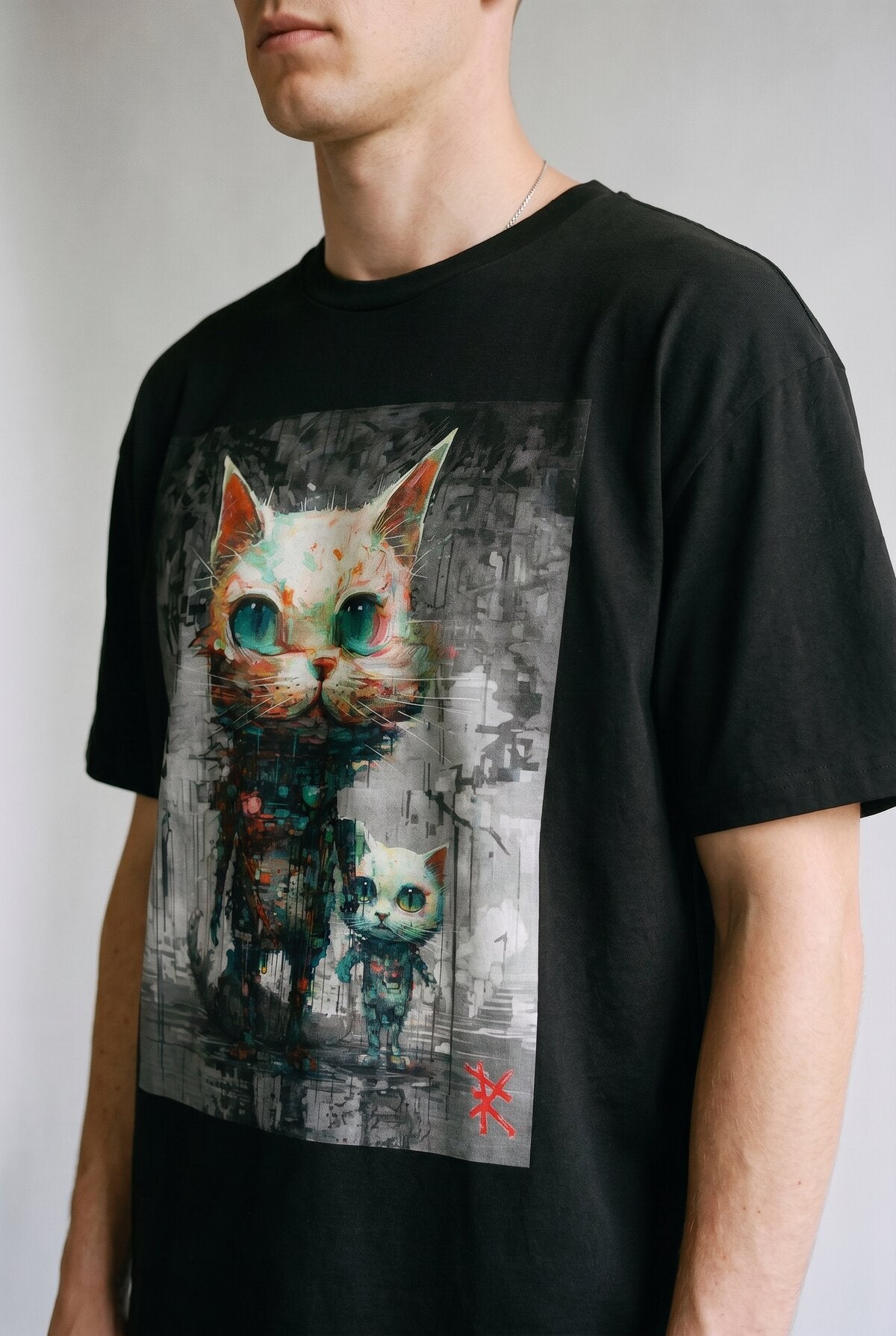 Multi-Color close-up graphic print detail — RARILETO Cats Classic Tee