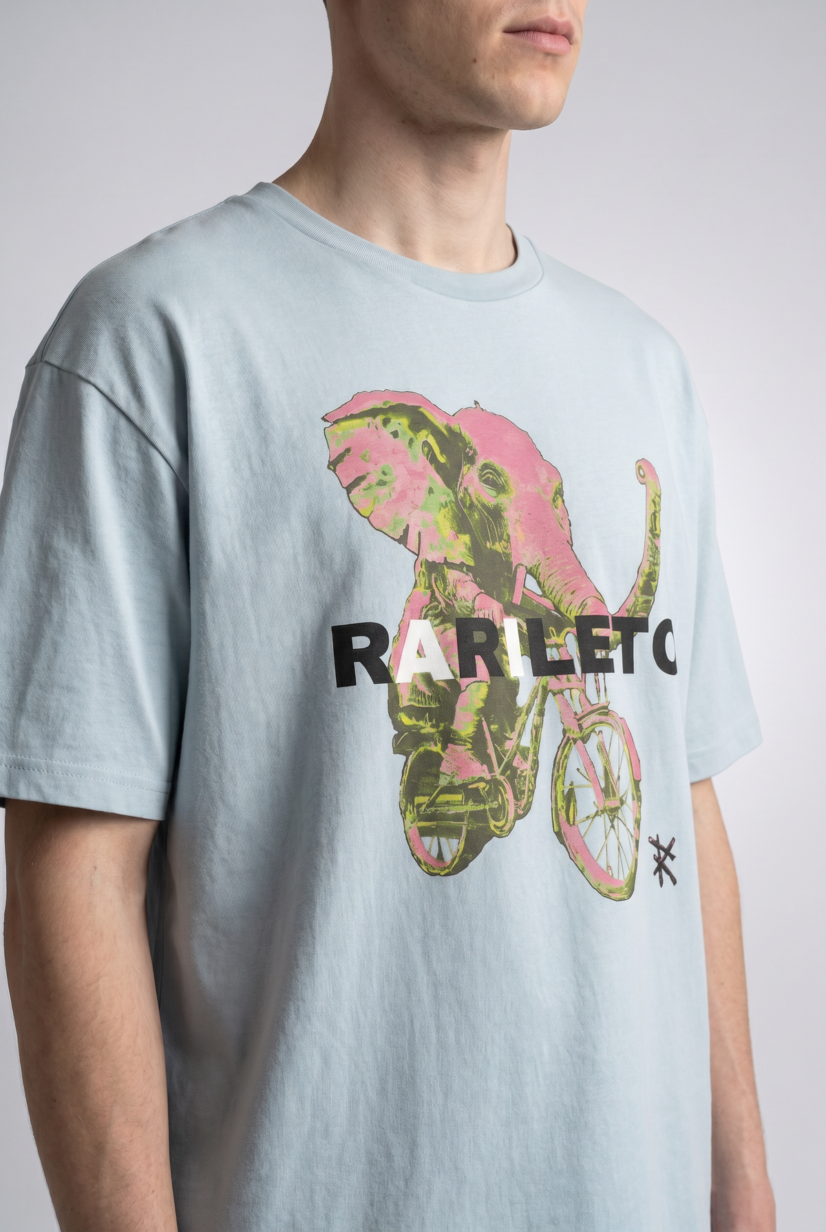 Pale Blue close-up graphic print detail — RARILETO Elephant Classic Tee