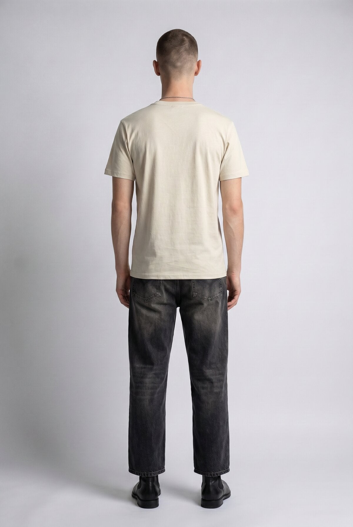 Natural male model back view — RARILETO Drago Classic Tee