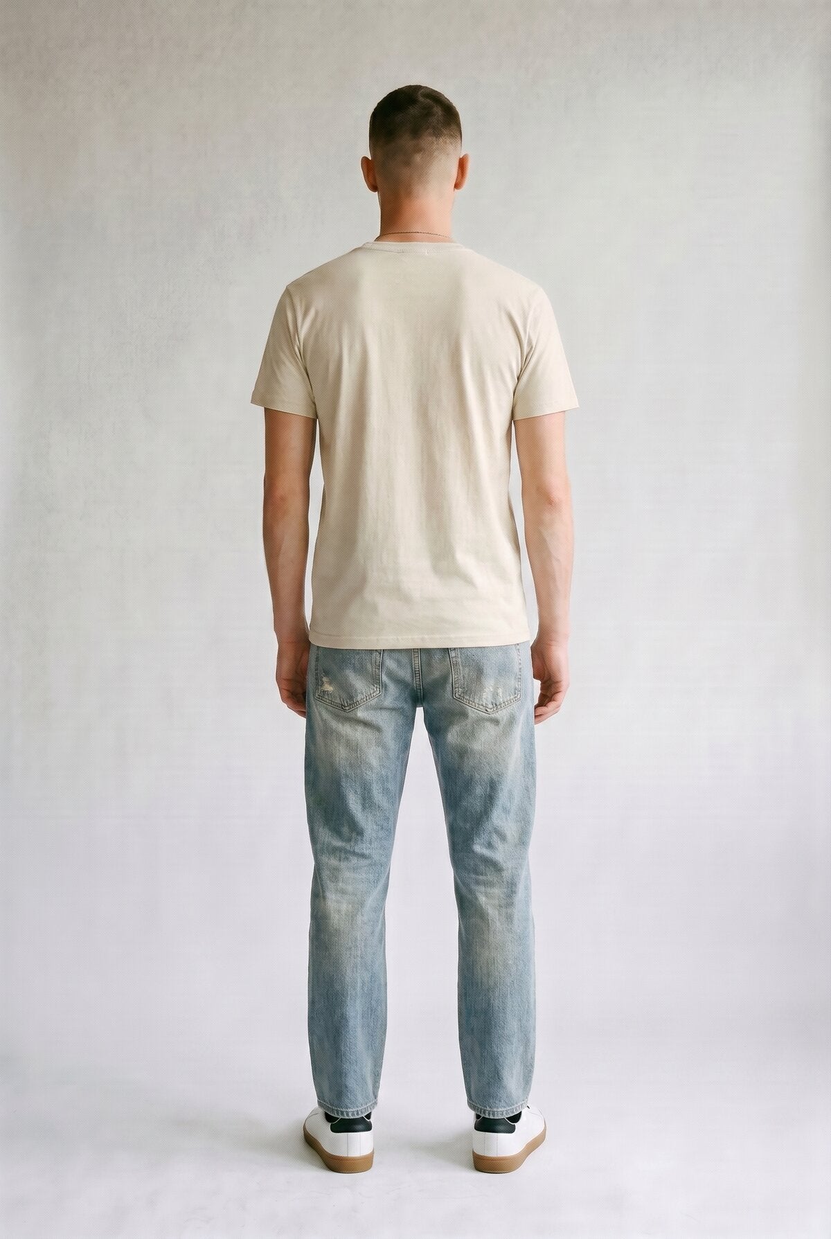 Natural male model back view — RARILETO Chicken Classic Tee