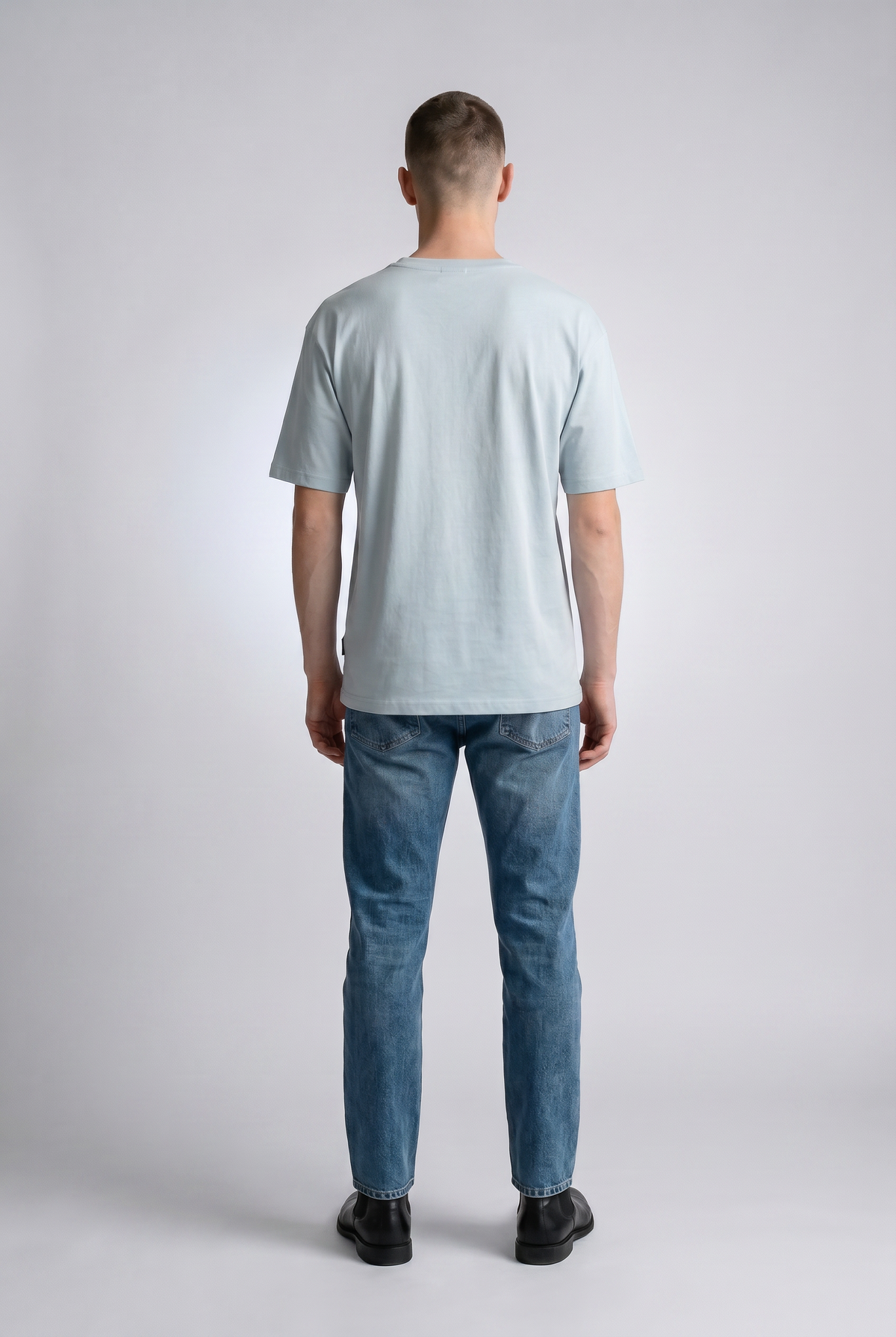 Pale Blue male model back view — RARILETO Elephant Classic Tee