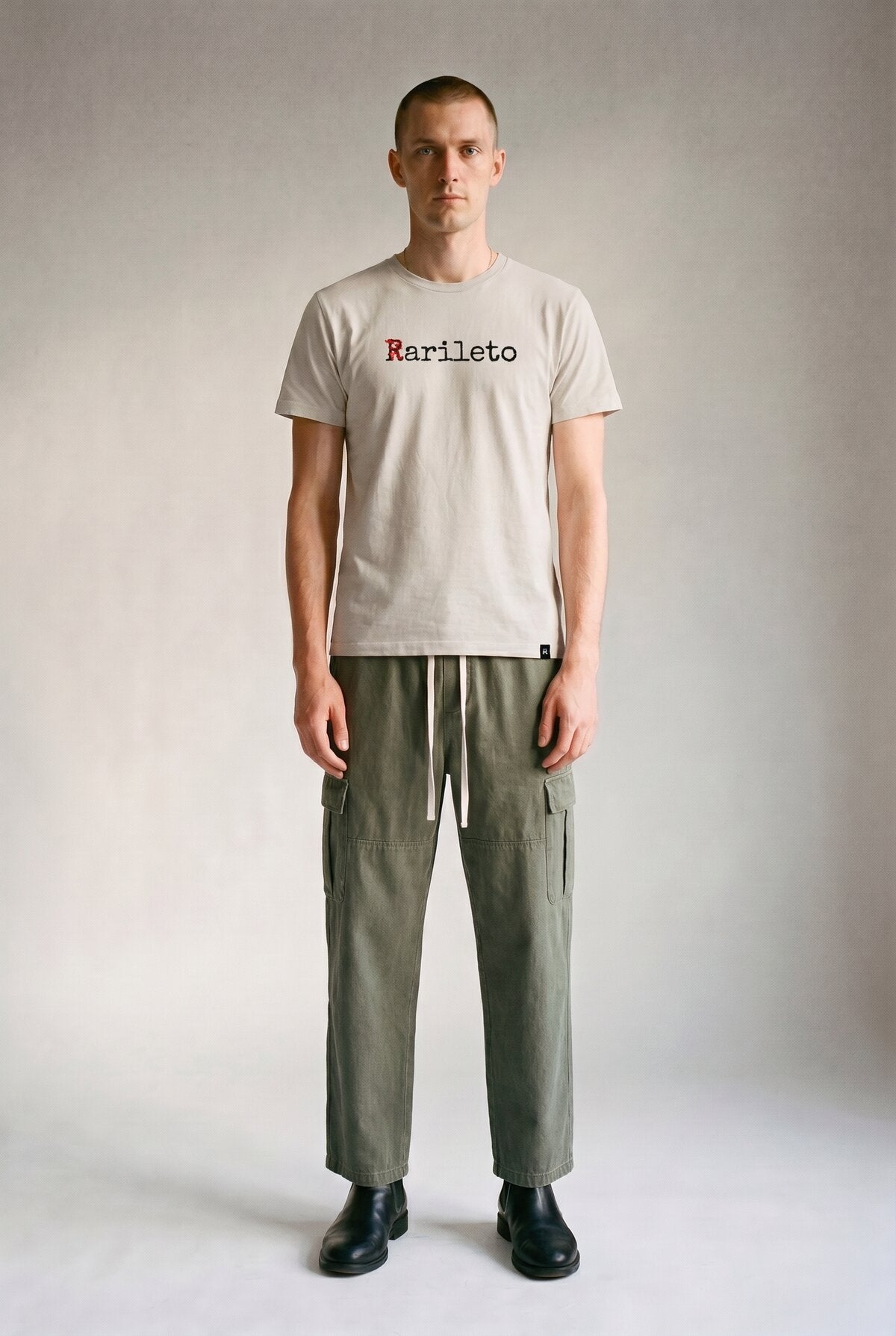 Ecru male model wearing front view — RARILETO Special Classic Tee