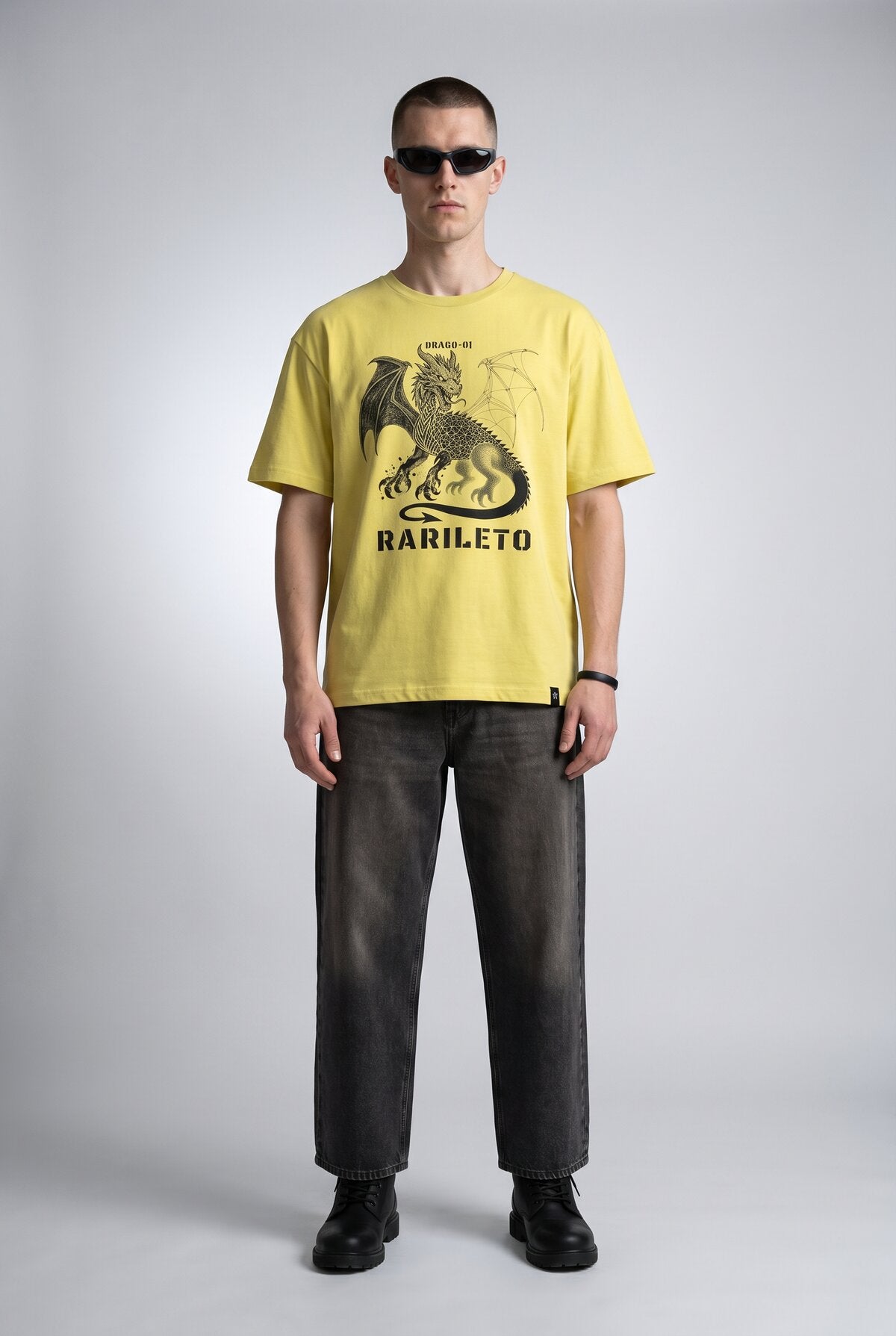 Lemon male model wearing front view — RARILETO Drago Classic Tee