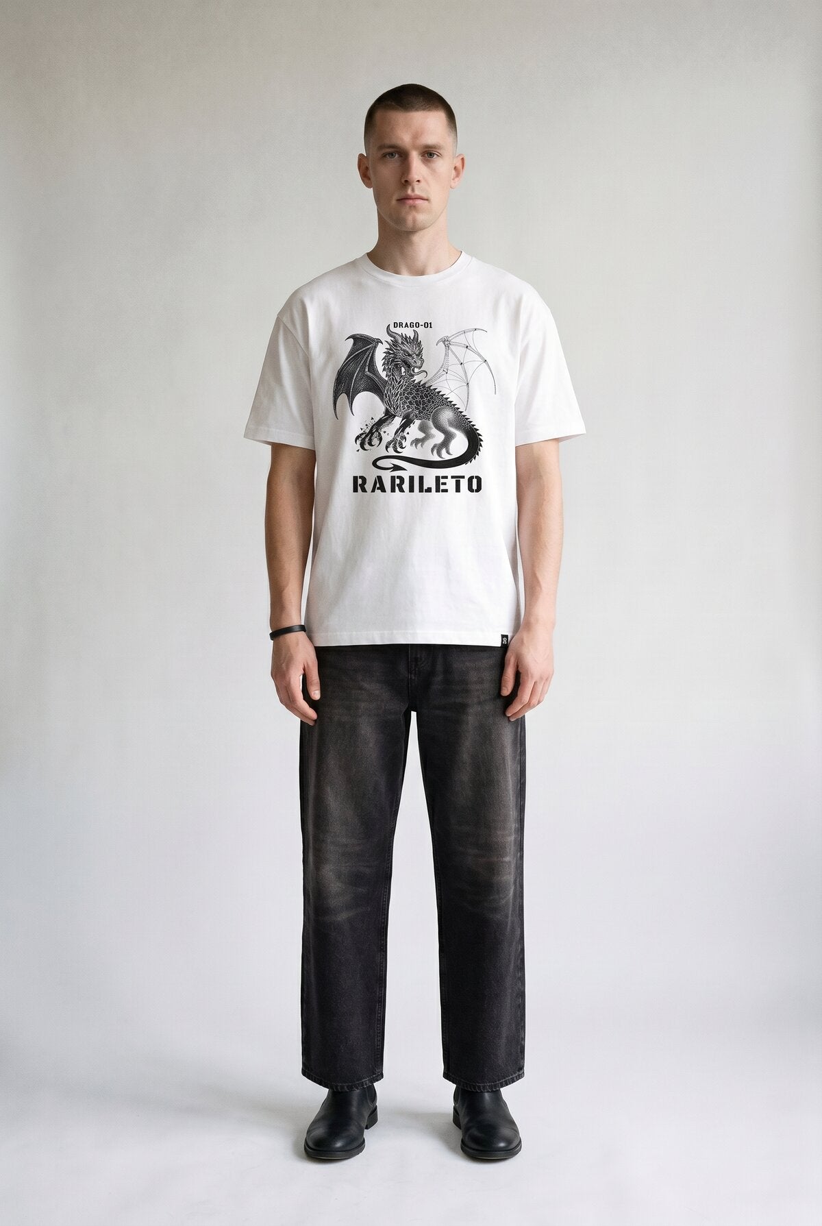 White male model wearing front view — RARILETO Drago Classic Tee