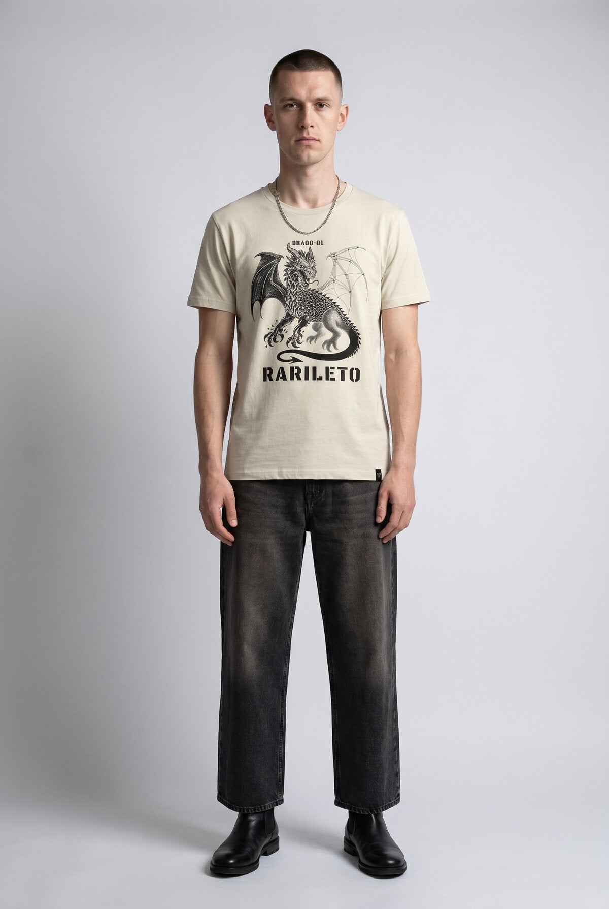 Natural male model wearing front view — RARILETO Drago Classic Tee