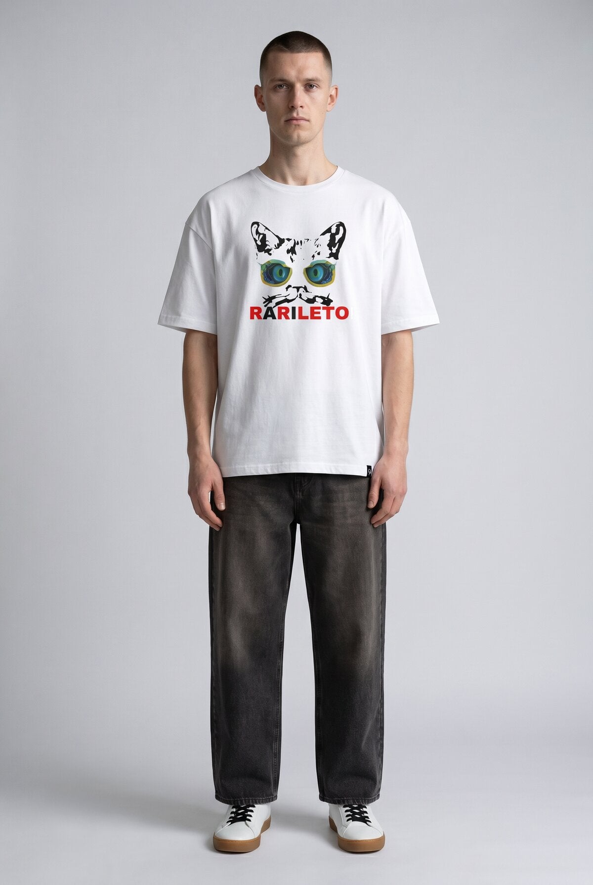 White male model wearing front view — RARILETO Cat Eyes Classic Tee