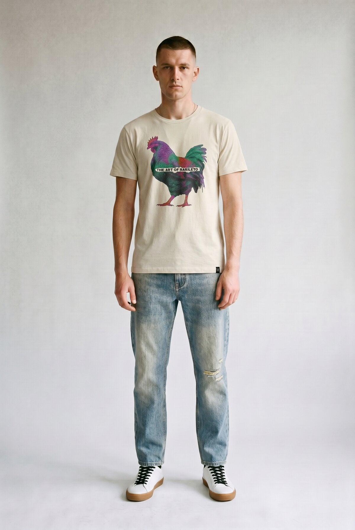 Natural male model wearing front view — RARILETO Chicken Classic Tee