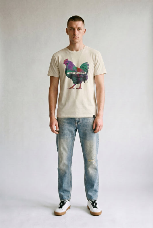 Natural male model wearing front view — RARILETO Chicken Classic Tee
