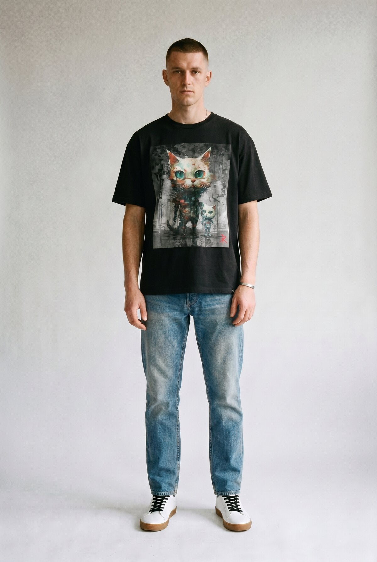 Multi-Color male model wearing front view — RARILETO Cats Classic Tee