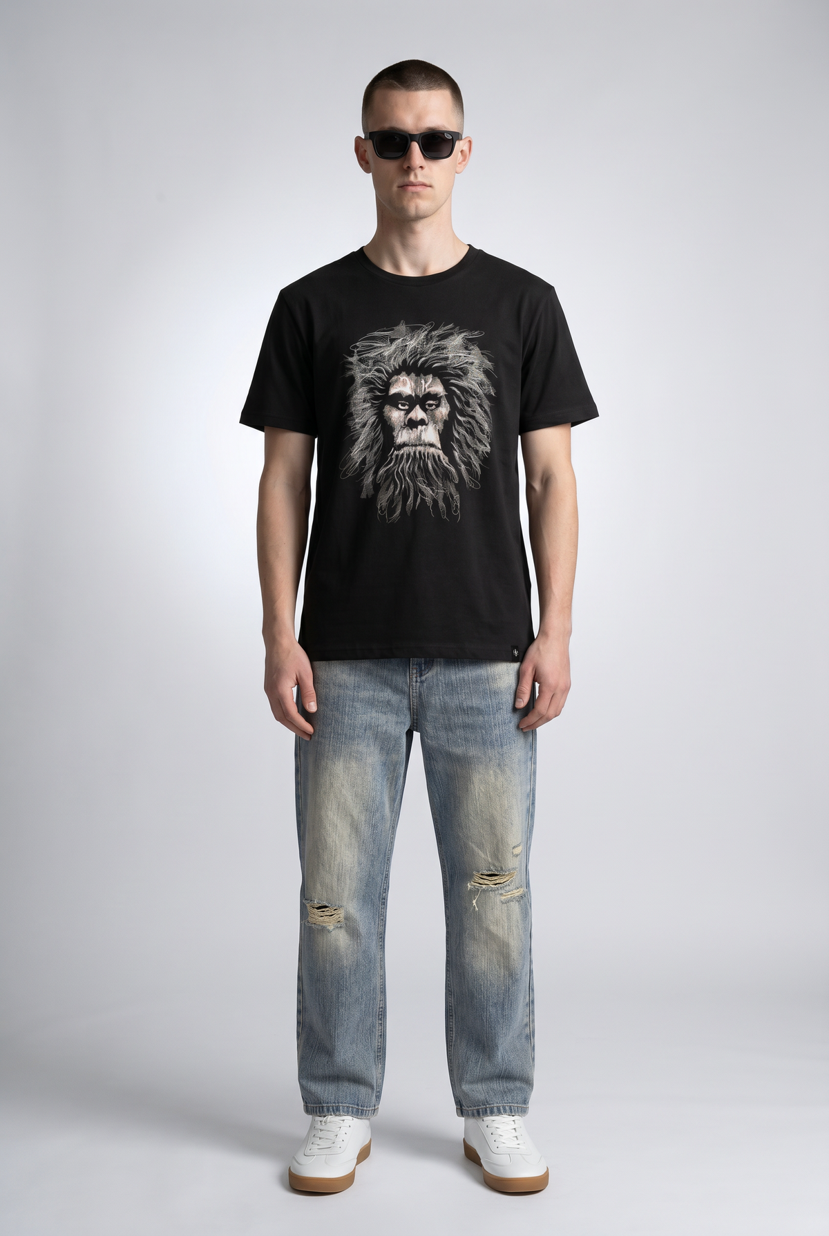 Black male model wearing front view — RARILETO Caveman Classic Tee