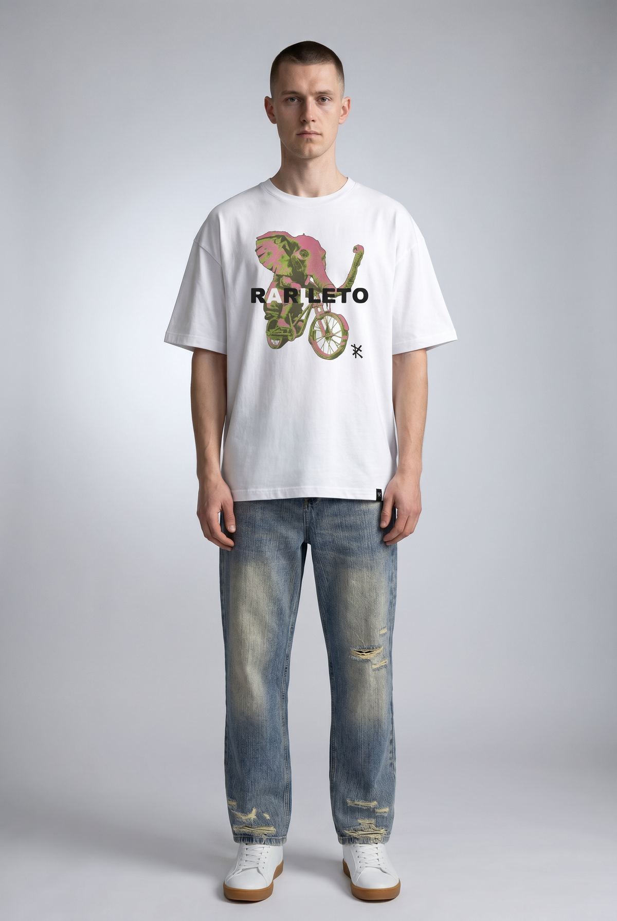 White male model wearing front view — RARILETO Elephant Classic Tee