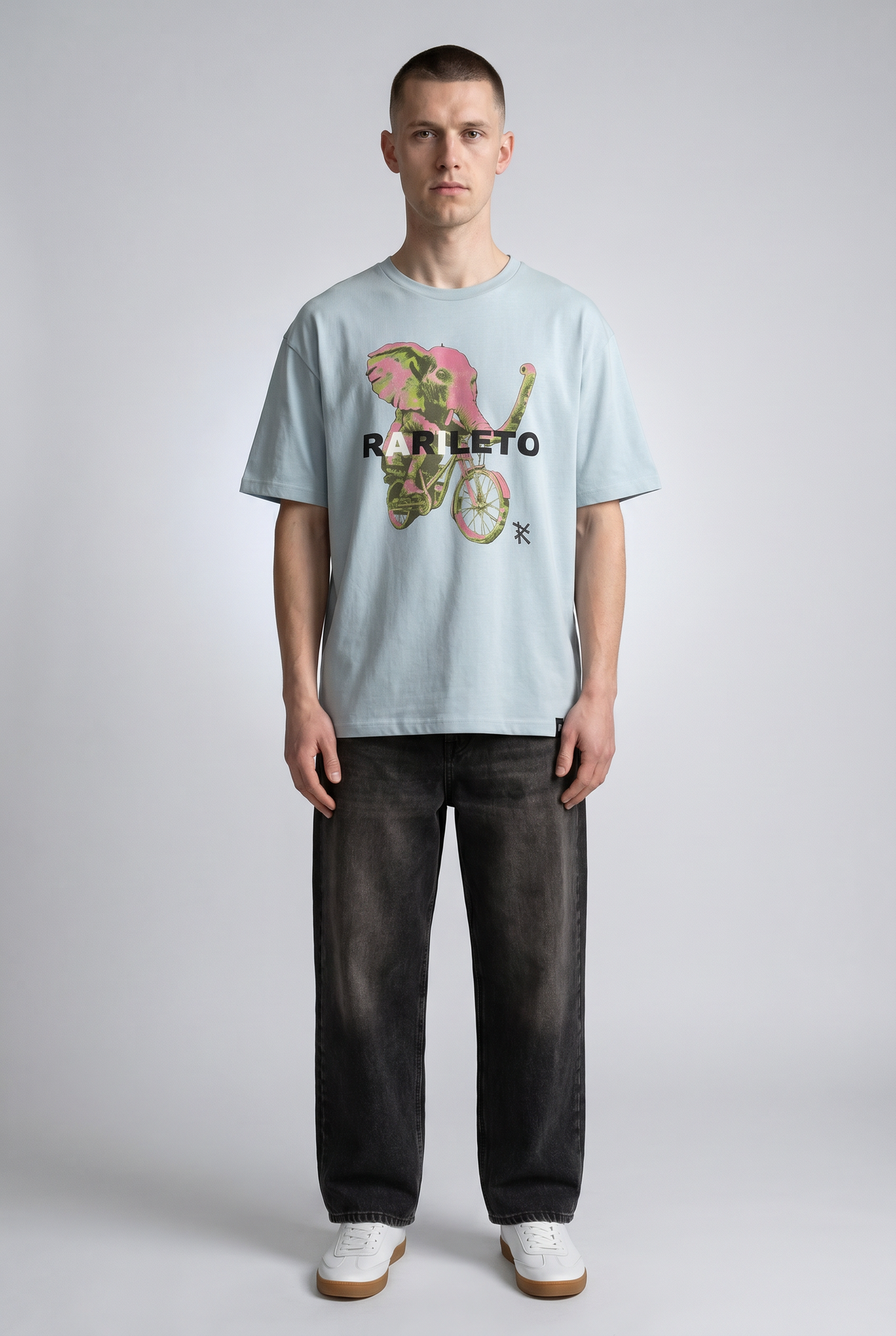 Pale Blue male model wearing front view — RARILETO Elephant Classic Tee