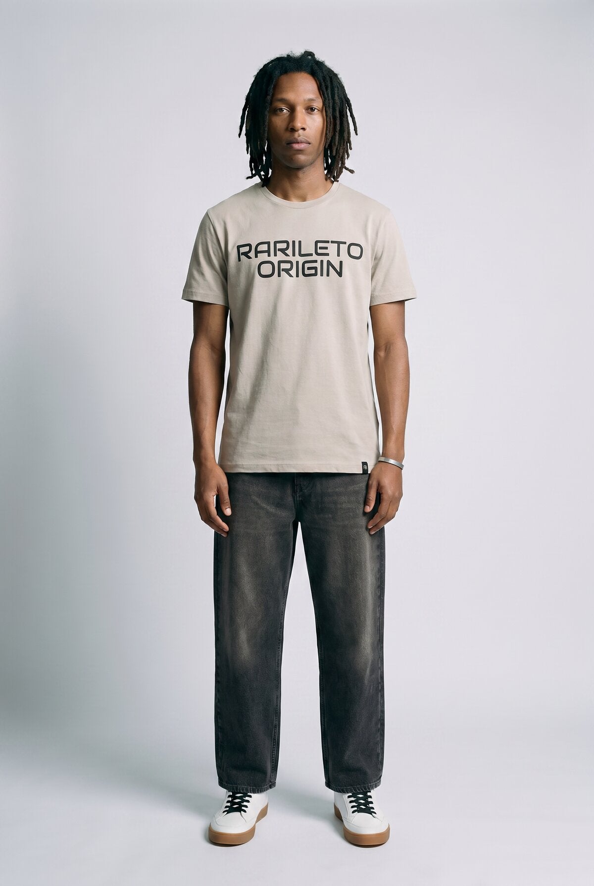 Bone male model wearing front view — RARILETO Origin Classic Tee