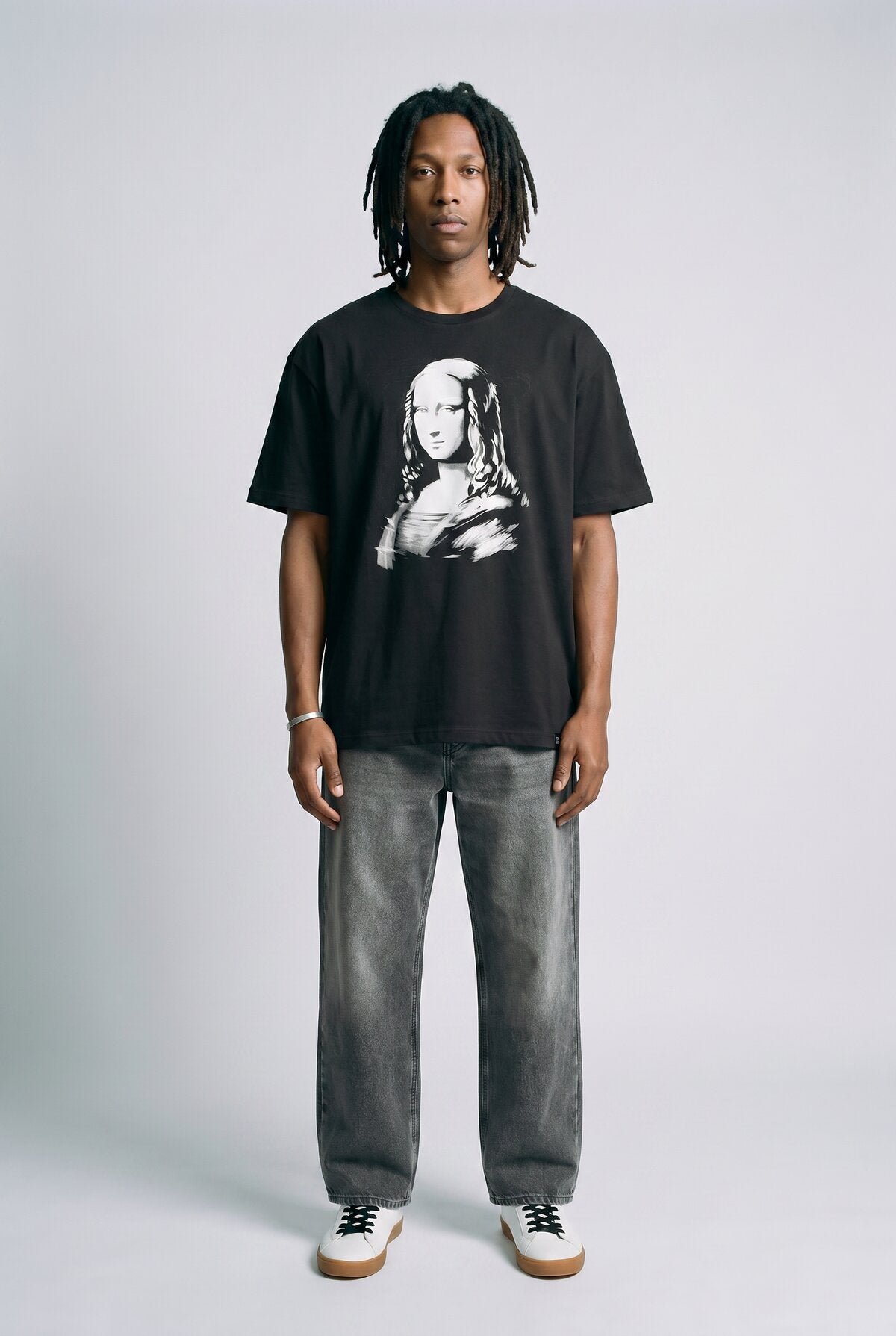 Black male model wearing front view — RARILETO Monalisa Classic Tee