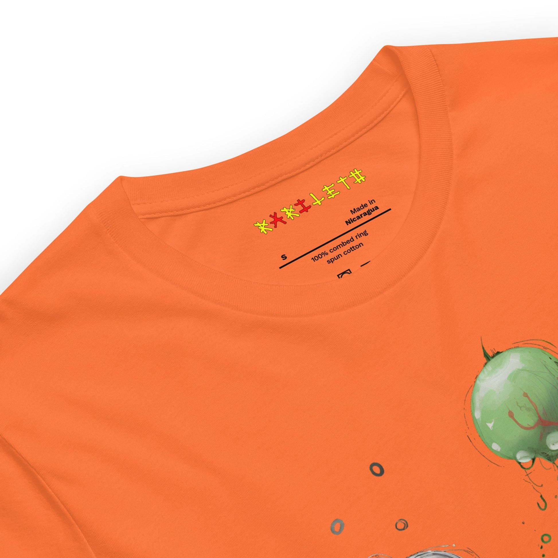 Neck Orange: MARS ALIEN DANCE Premium Crewneck T-Shirt in Orange (Neck View)