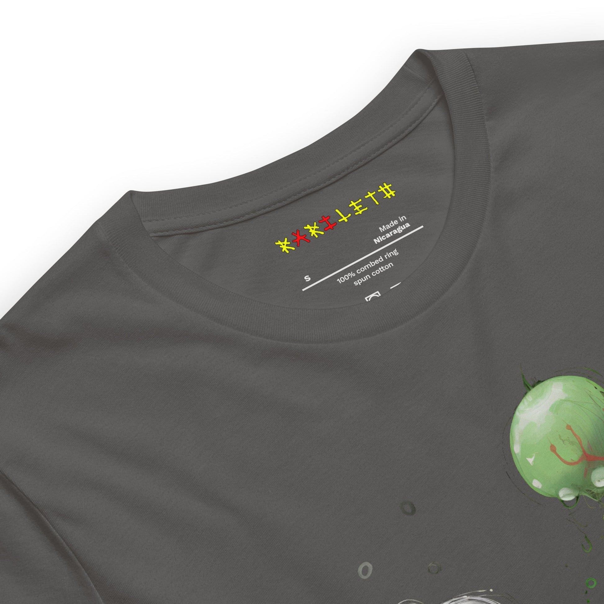 Neck Asphalt: MARS ALIEN DANCE Premium Crewneck T-Shirt in Asphalt (Neck View)