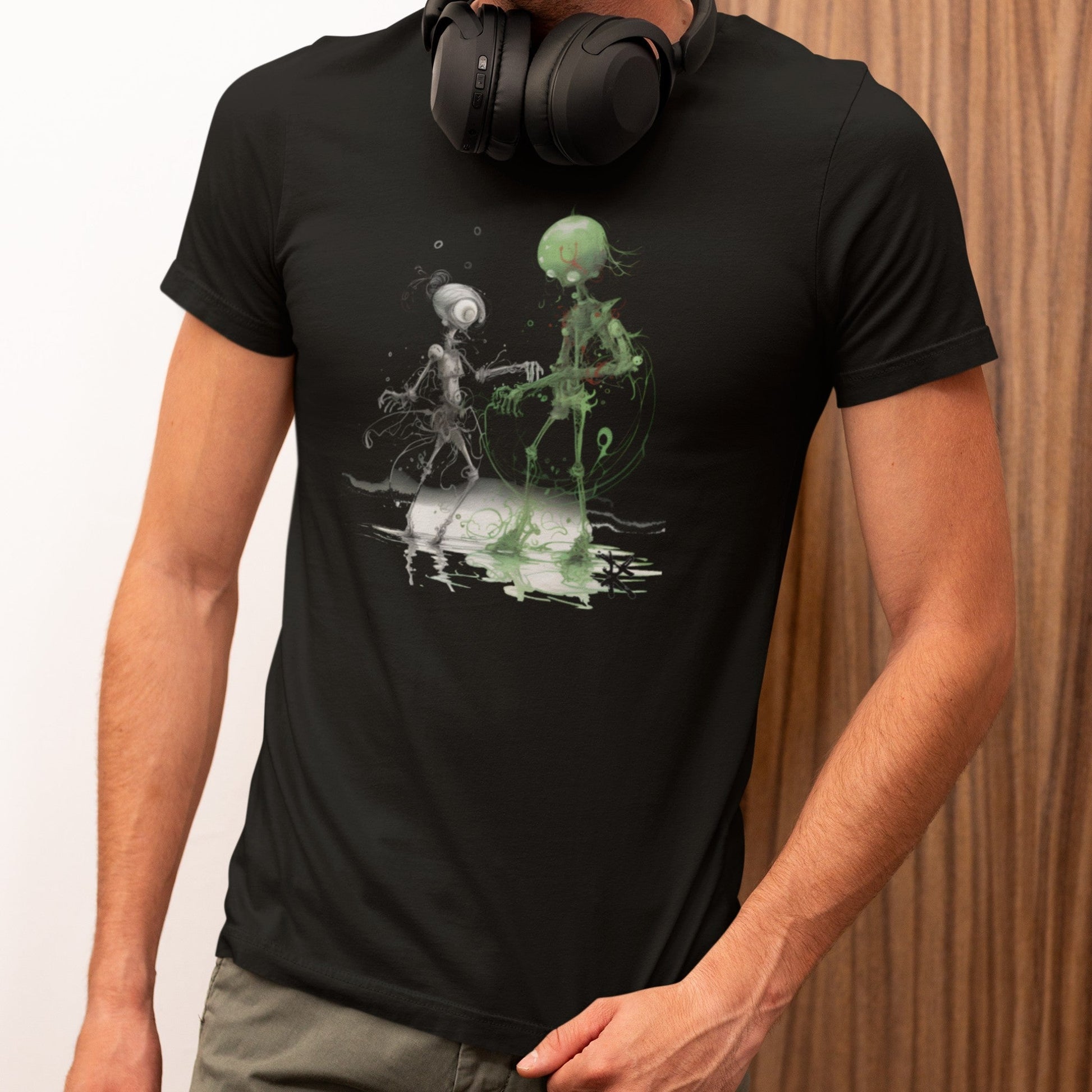 Front view on model wearing the Mars Aliens Classic T-Shirt in black, perfect for modern streetwear looks. Rarileto.