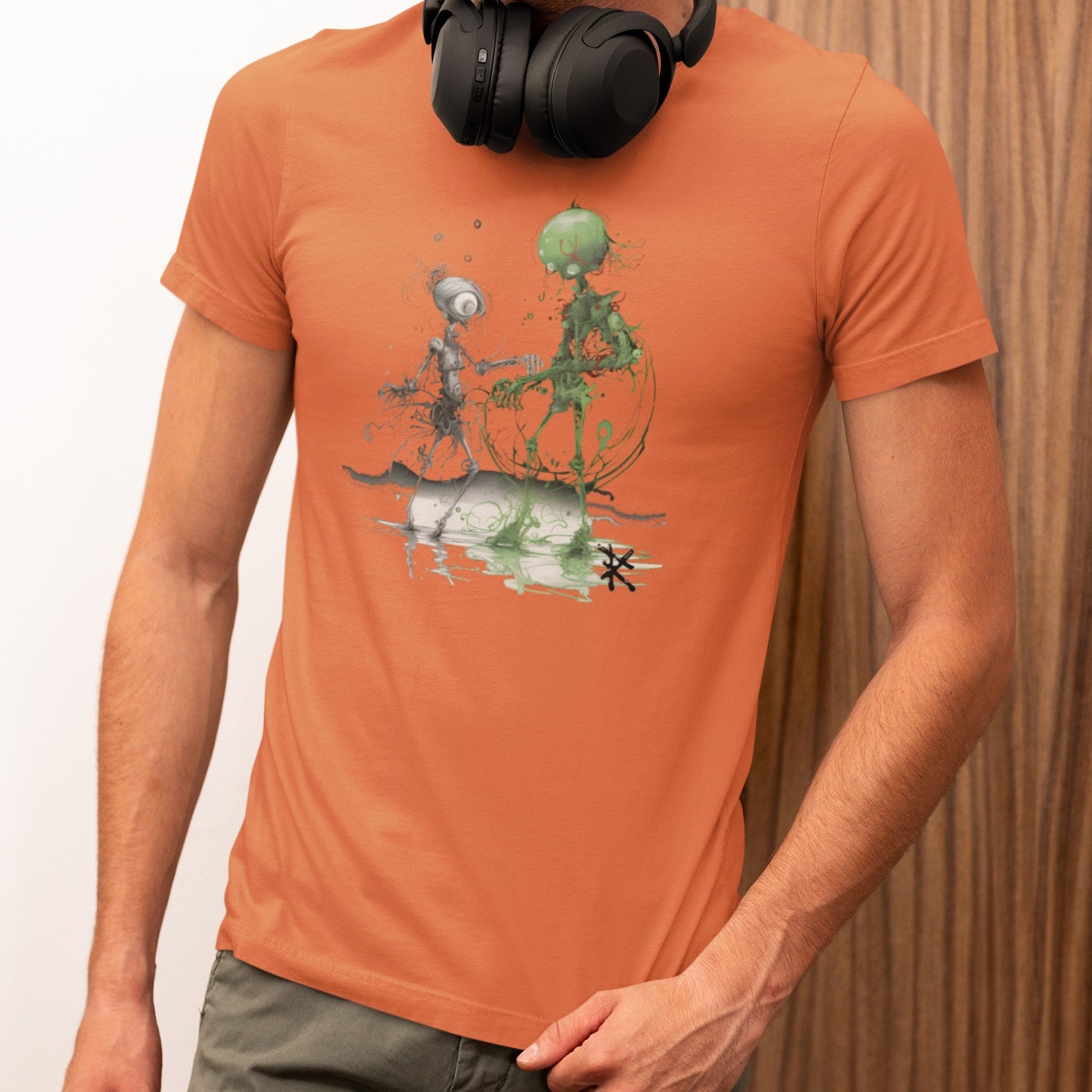 Front view on model wearing the Mars Aliens Classic T-Shirt in orange, great for bold streetwear looks. Rarileto.