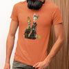 Front view on model wearing the Meta Aliens Classic T-Shirt in orange, great for eye-catching streetwear looks. Rarileto.