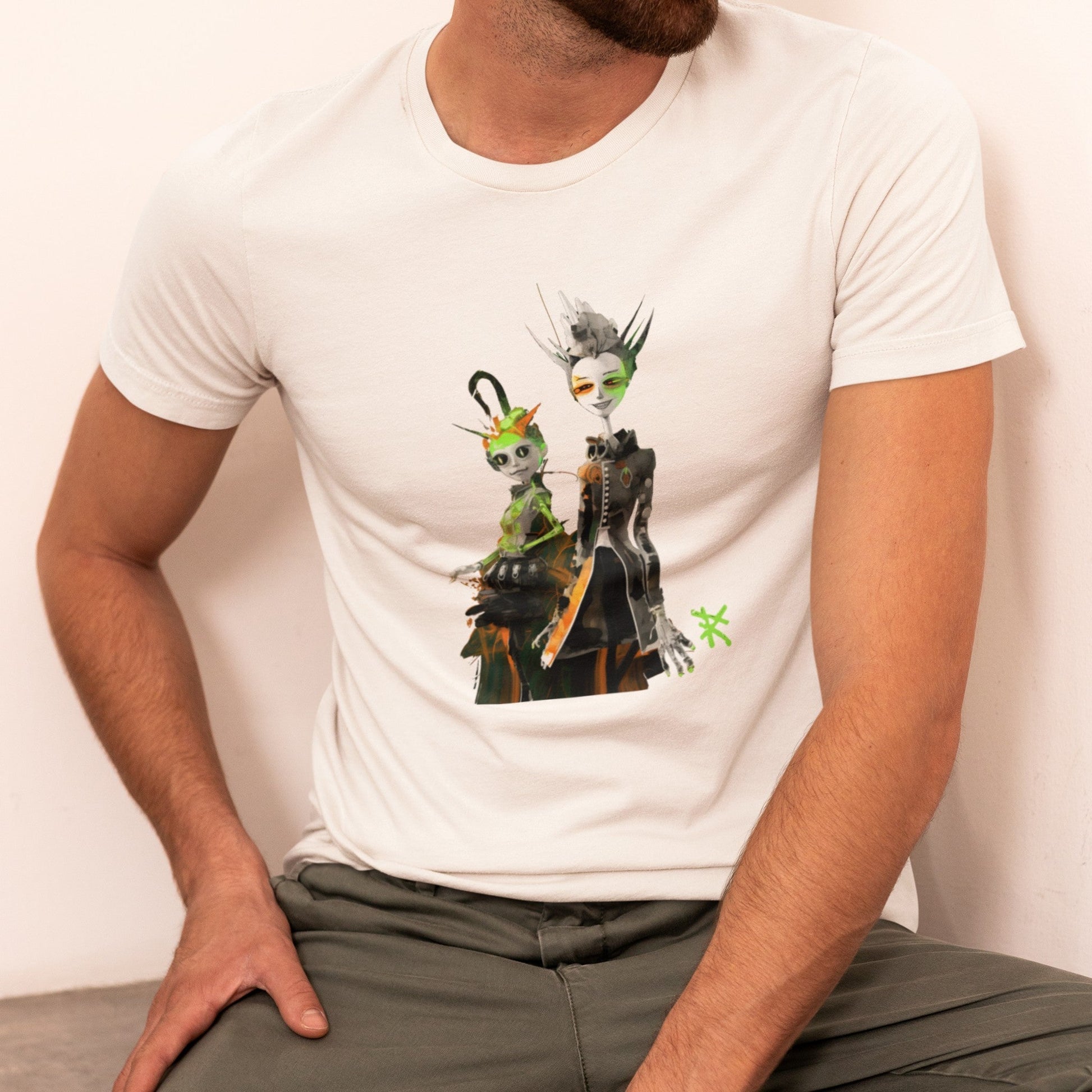 Front view on model wearing the Meta Aliens Classic T-Shirt in white, perfect for casual streetwear style. Rarileto.