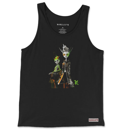 Front view of the Meta Aliens Tank Top in black, showcasing a futuristic alien graphic with bold design elements. Rarileto.
