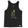 Front view of the Meta Aliens Tank Top in black, showcasing a futuristic alien graphic with bold design elements. Rarileto.
