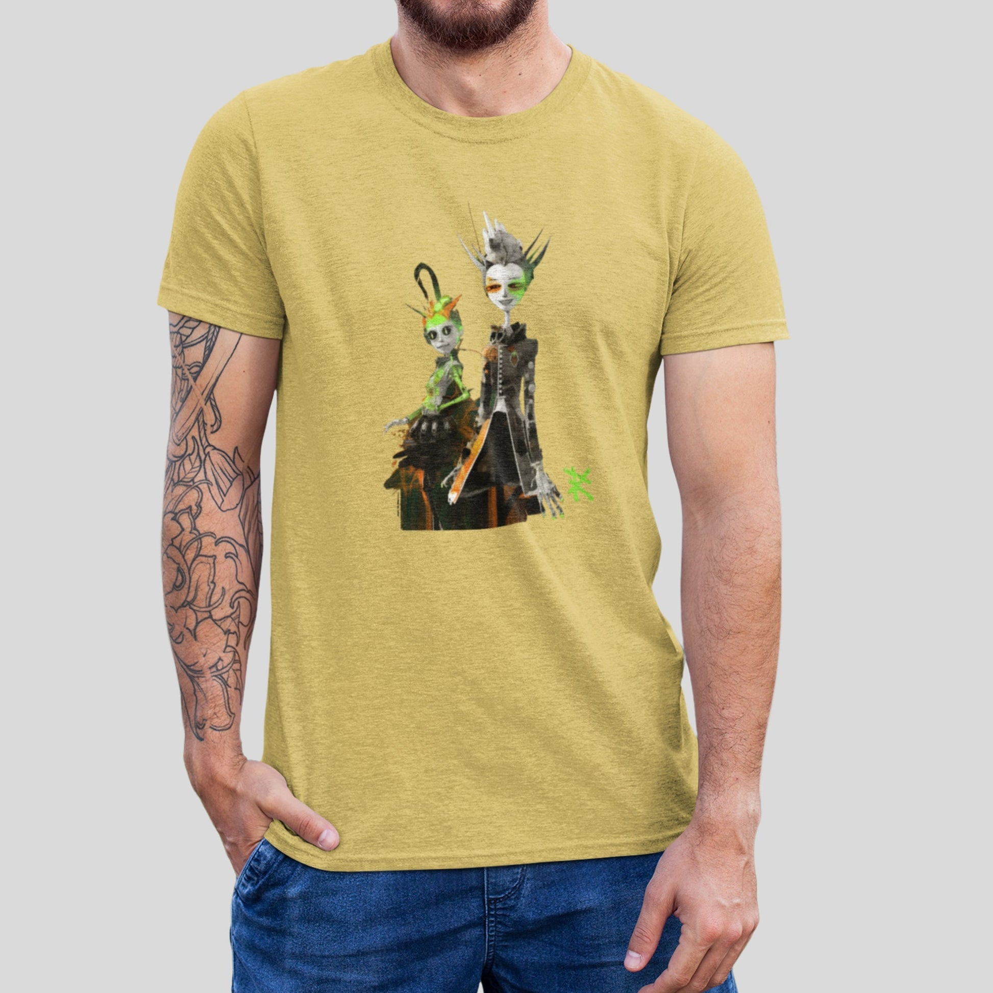 Front view on model wearing the Meta Aliens Triblend T-Shirt in yellow gold, perfect for standout streetwear. Rarileto.