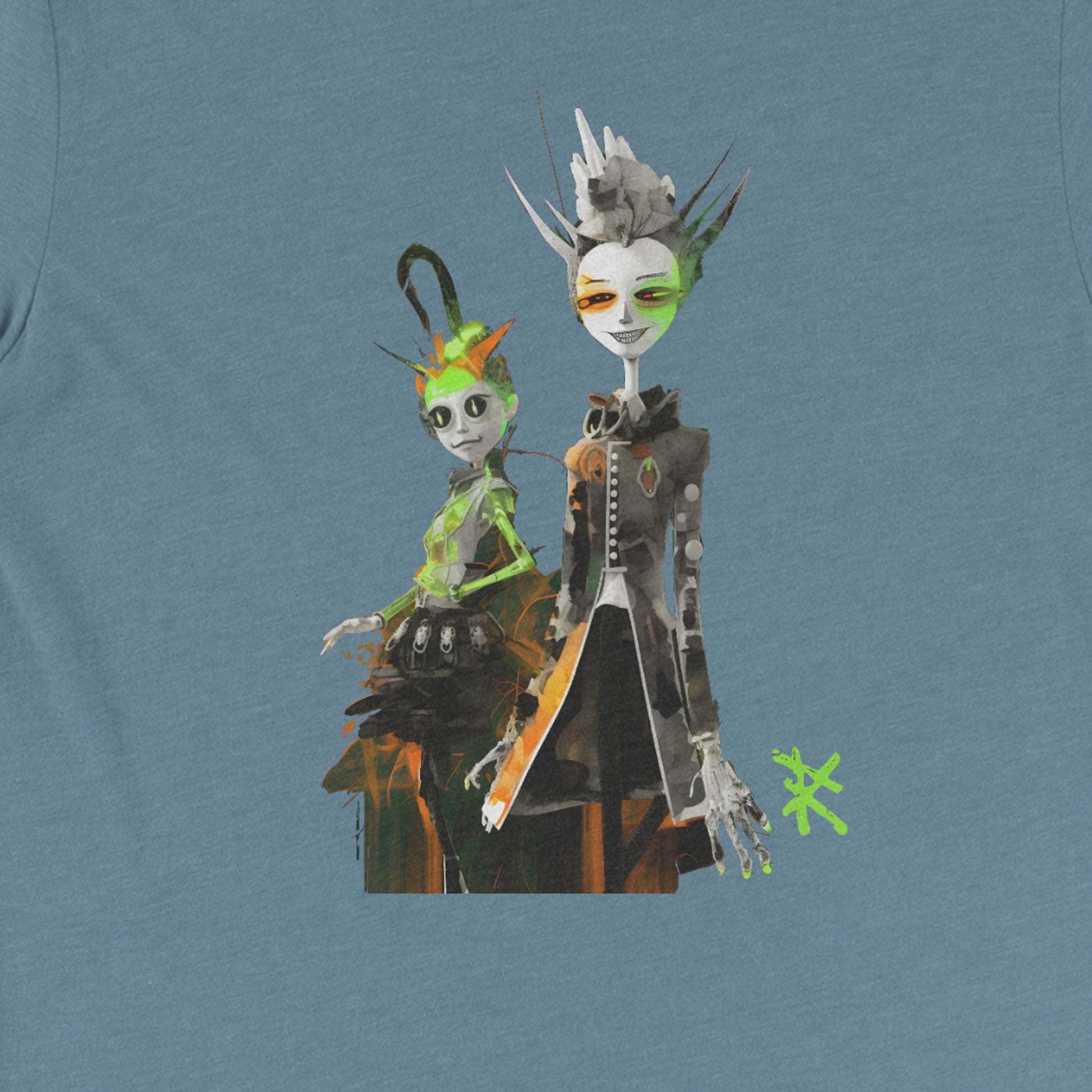 Design front view of the Meta Aliens Triblend T-Shirt in denim, highlighting the sleek, futuristic alien design. Rarileto.