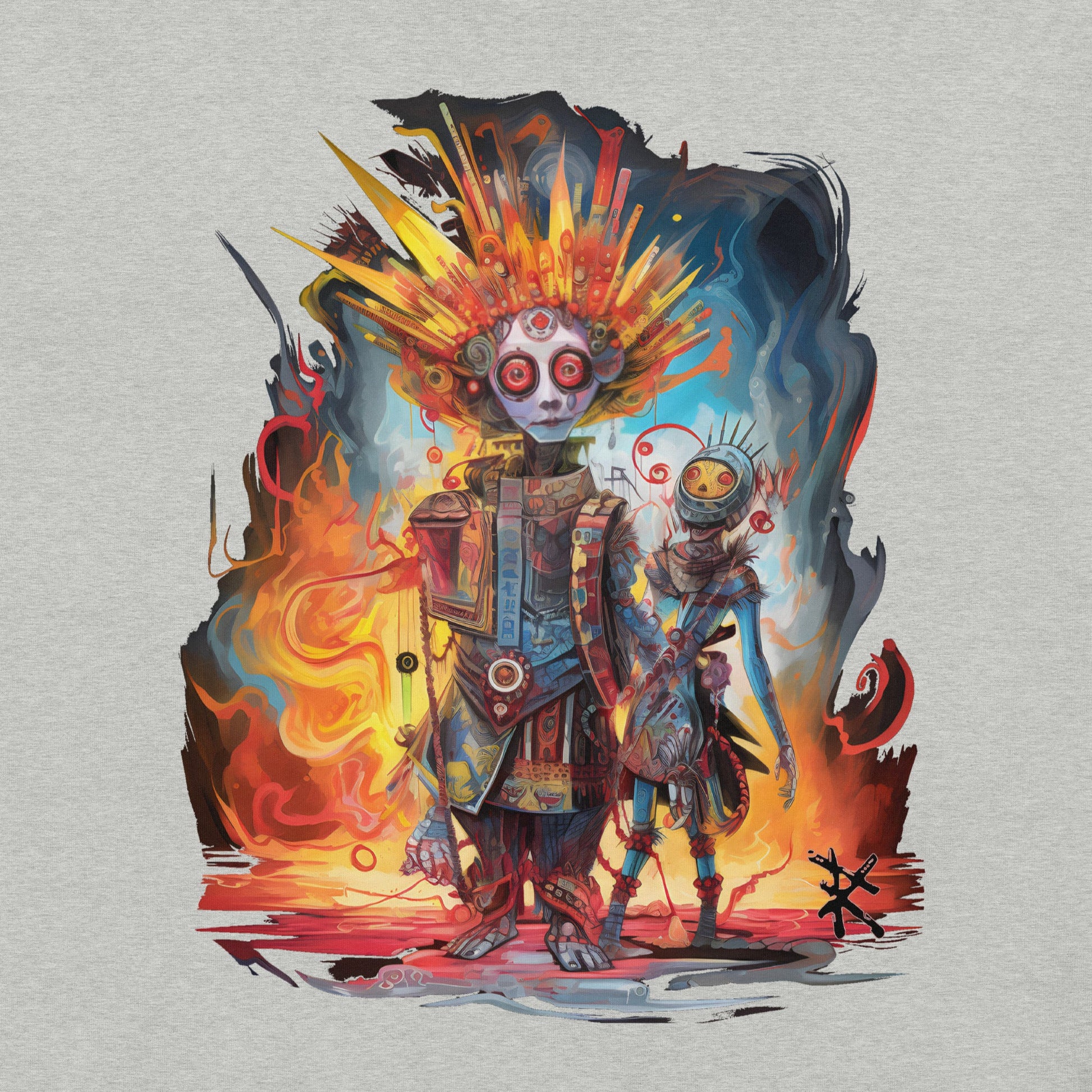 Athletic Heather Front Design View of META HUMAN ROBOTS TECHNICOLOR FIRE Premium Crewneck T-Shirt