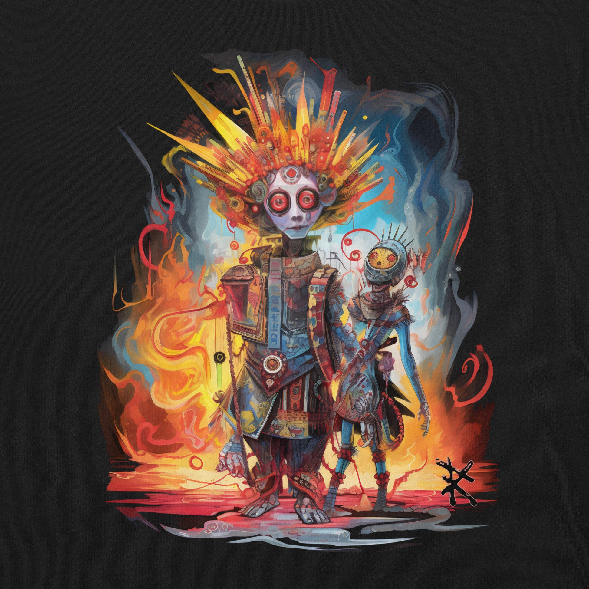 Black Front Design View of META HUMAN ROBOTS TECHNICOLOR FIRE Premium Crewneck T-Shirt