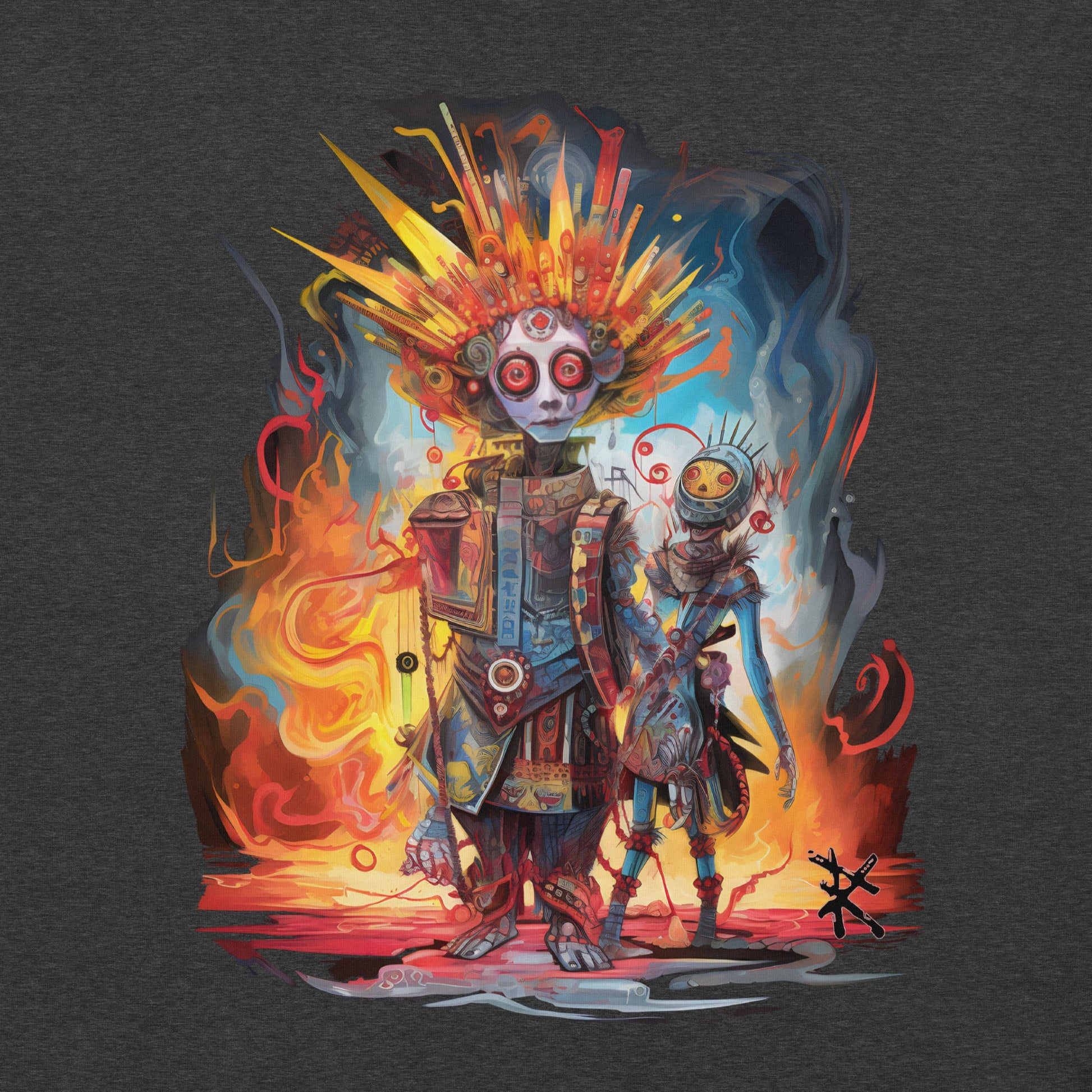 Dark Gray Heather Front Design View of META HUMAN ROBOTS TECHNICOLOR FIRE Premium Crewneck T-Shirt