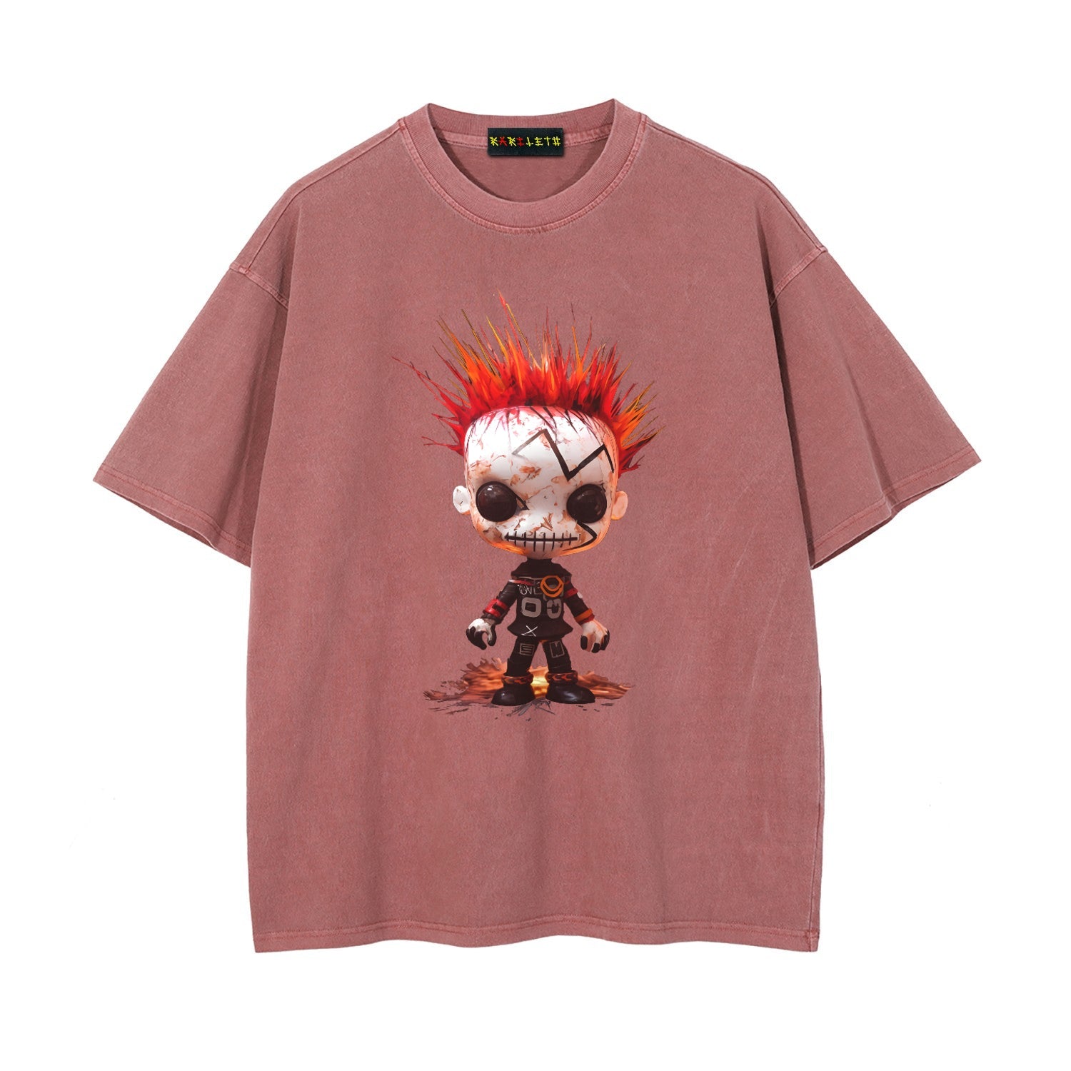 METAL BOY Unisex Drop Shoulder Stone Wash T-Shirt - Rarileto - Brick Red - Front View