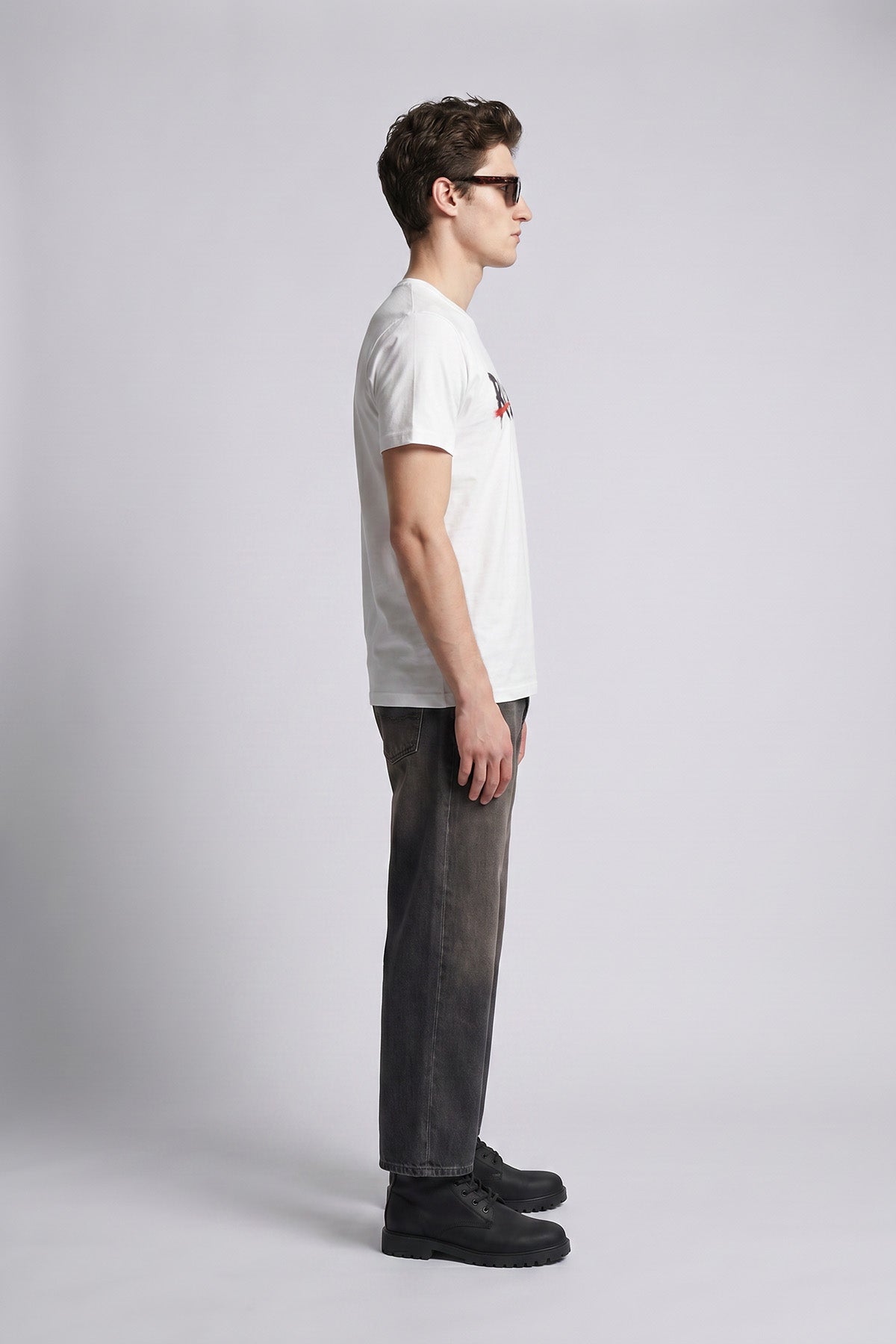 White male model side view — RARILETO Brushed Stroke Logo Classic Tee