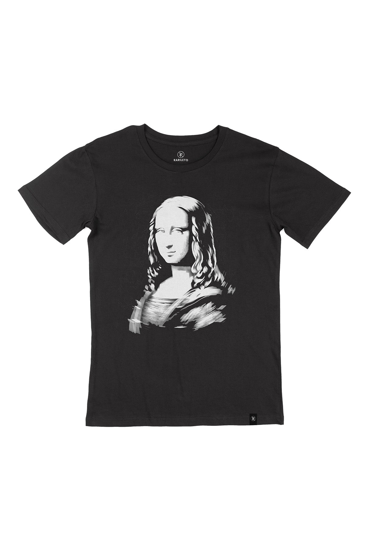 Black graphic tee front flat lay — RARILETO Monalisa Classic Tee