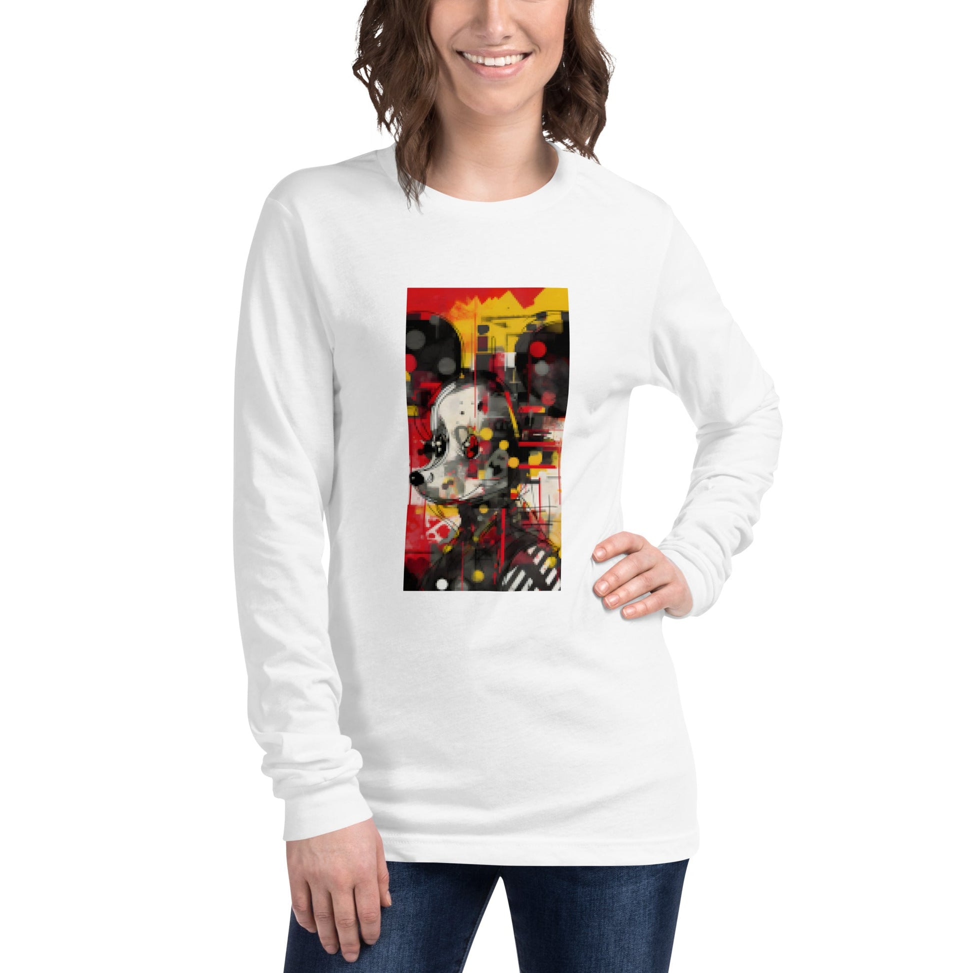 Front View on Female Model White: MOUSE Long Sleeve Tee in White on Female Model
