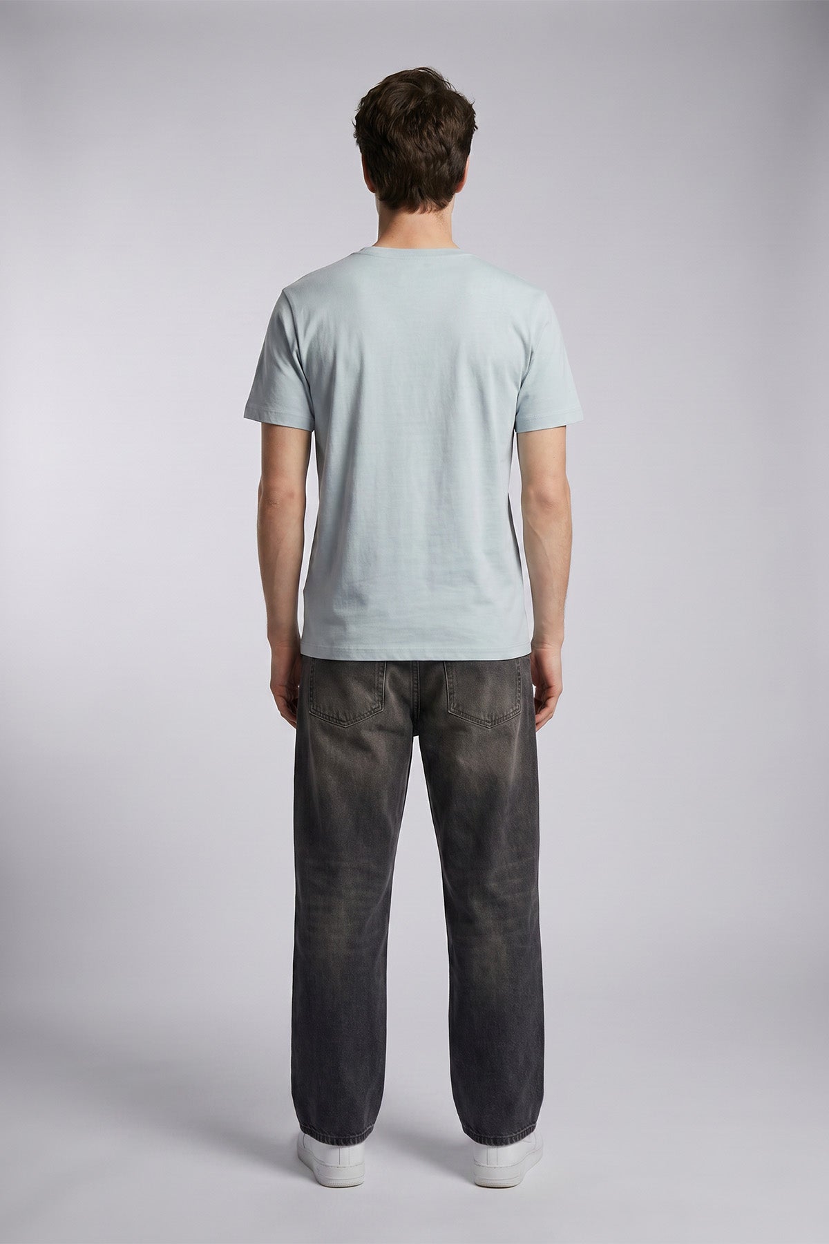 Lemon male model back view — RARILETO Brushed Stroke Logo Classic Tee