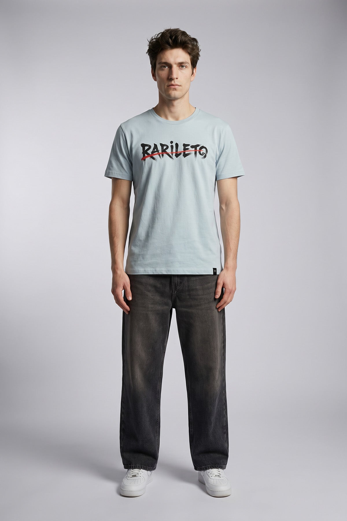 Lemon male model wearing front view — RARILETO Brushed Stroke Logo Classic Tee