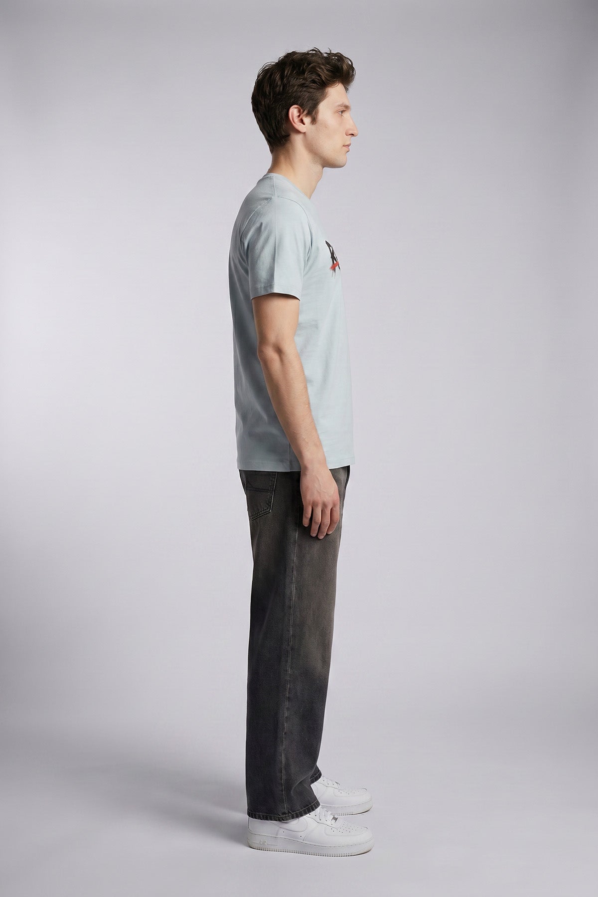 Lemon male model side view — RARILETO Brushed Stroke Logo Classic Tee