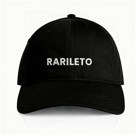 Black cap front view RARILETO Wordmark Cap — Unstructured Strapback