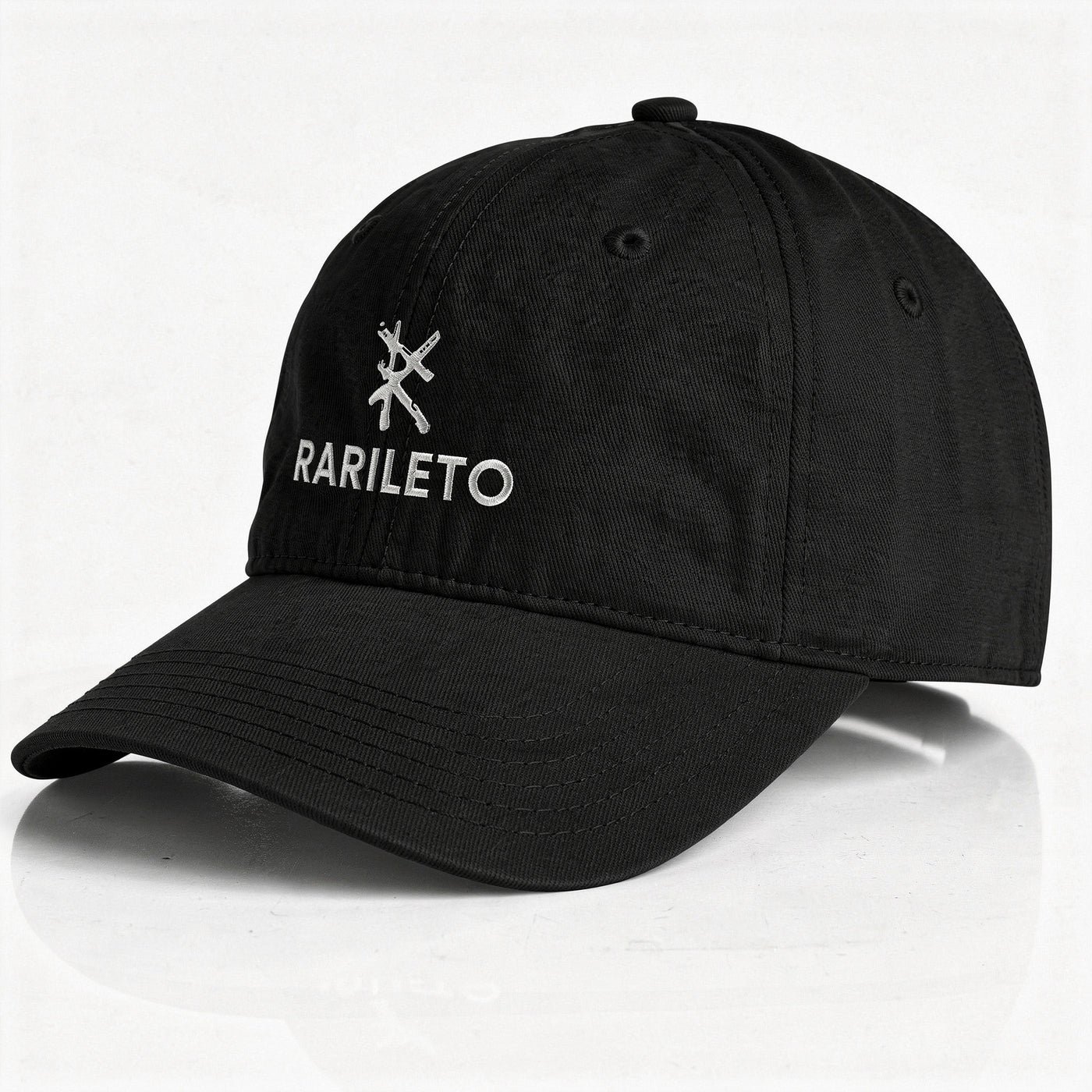 Black cap side view RARILETO Embroidered Logo Cap — Low Profile