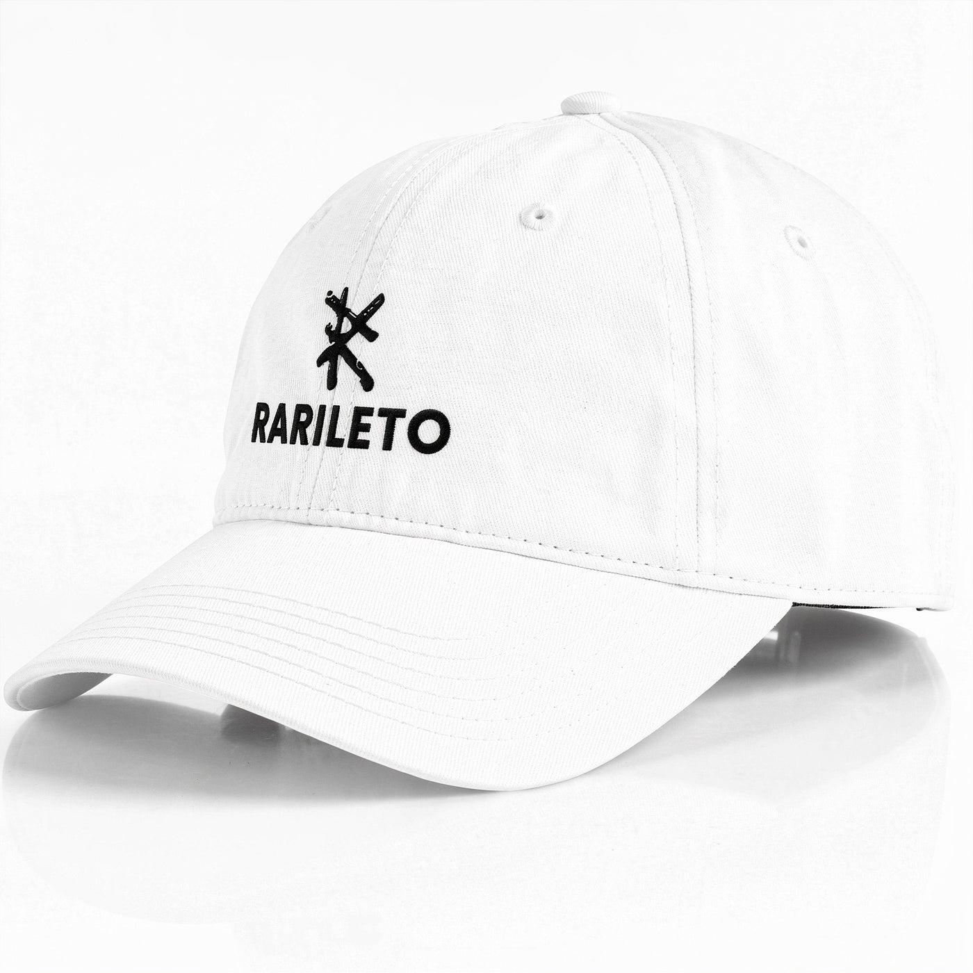 White cap side view RARILETO Embroidered Logo Cap — Low Profile