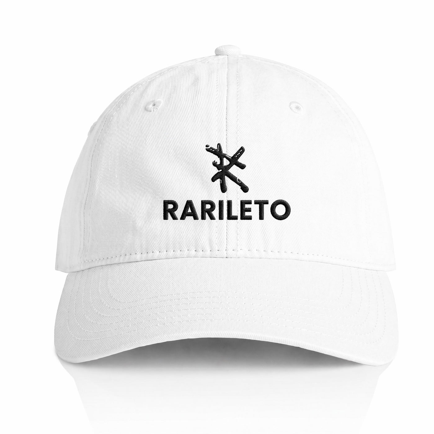 White cap front view RARILETO Embroidered Logo Cap — Low Profile