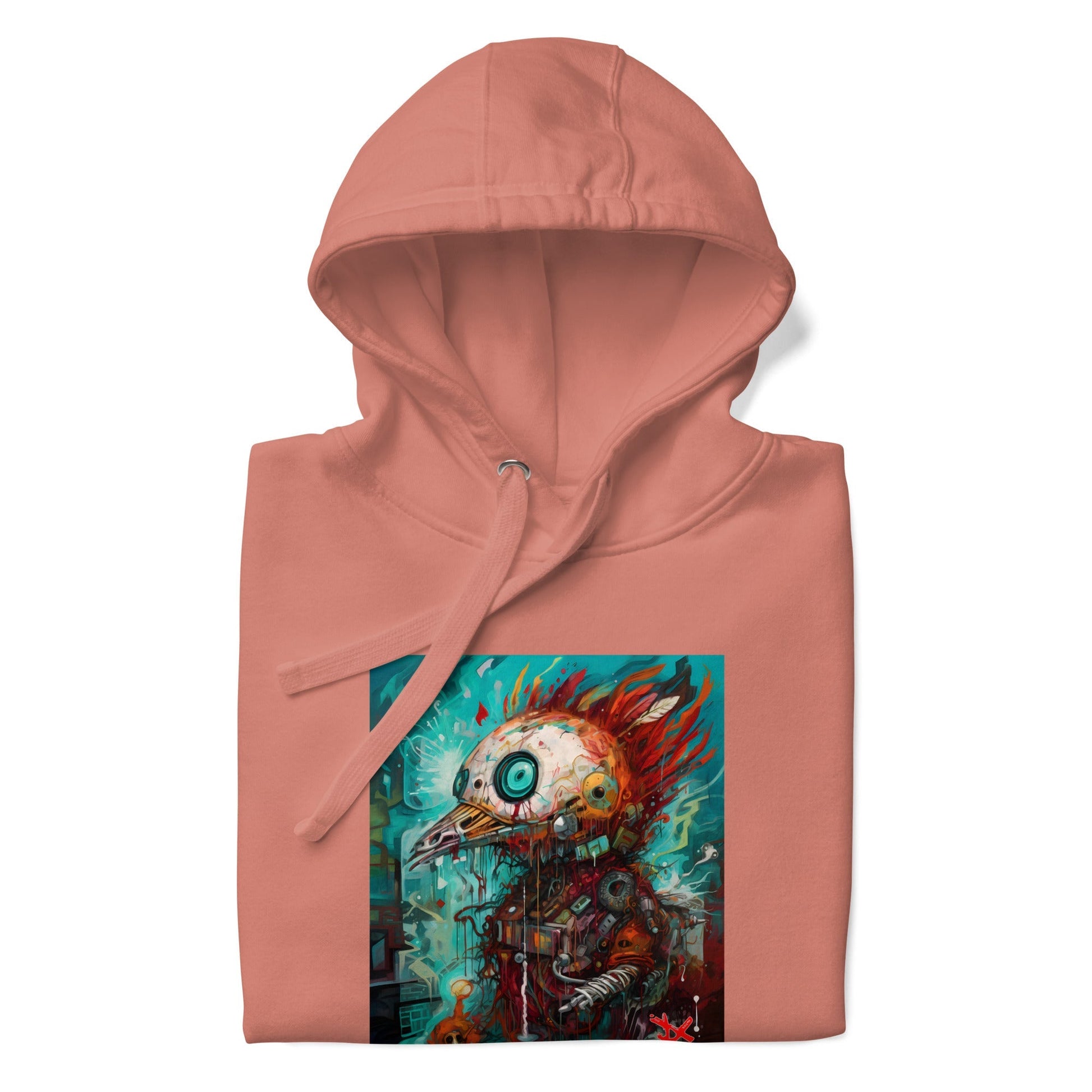 REBELLIOUS ROBO-BIRD Hoodie in Dusty Rose - Rarileto - Folded View