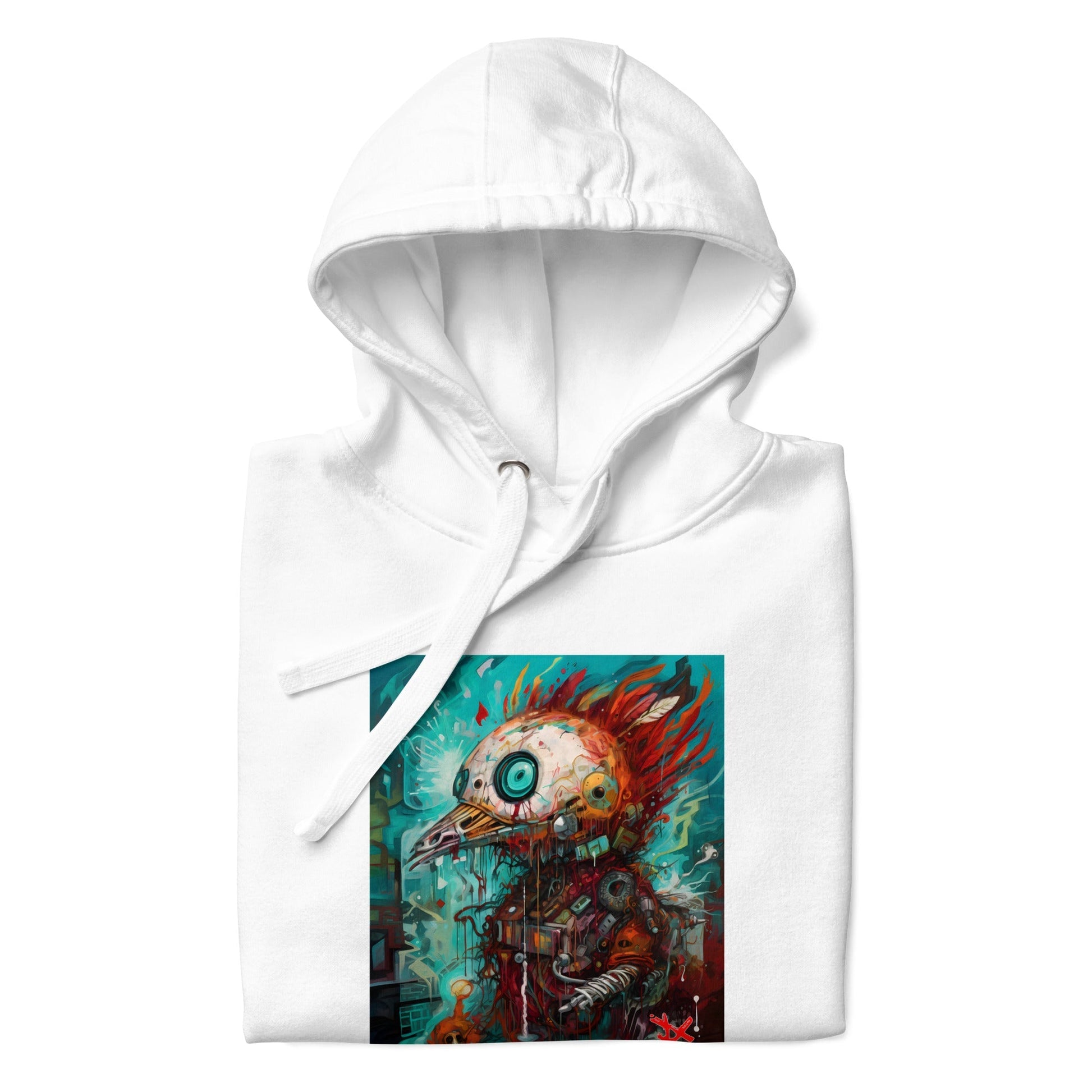 REBELLIOUS ROBO-BIRD Hoodie in White - Rarileto - Folded View