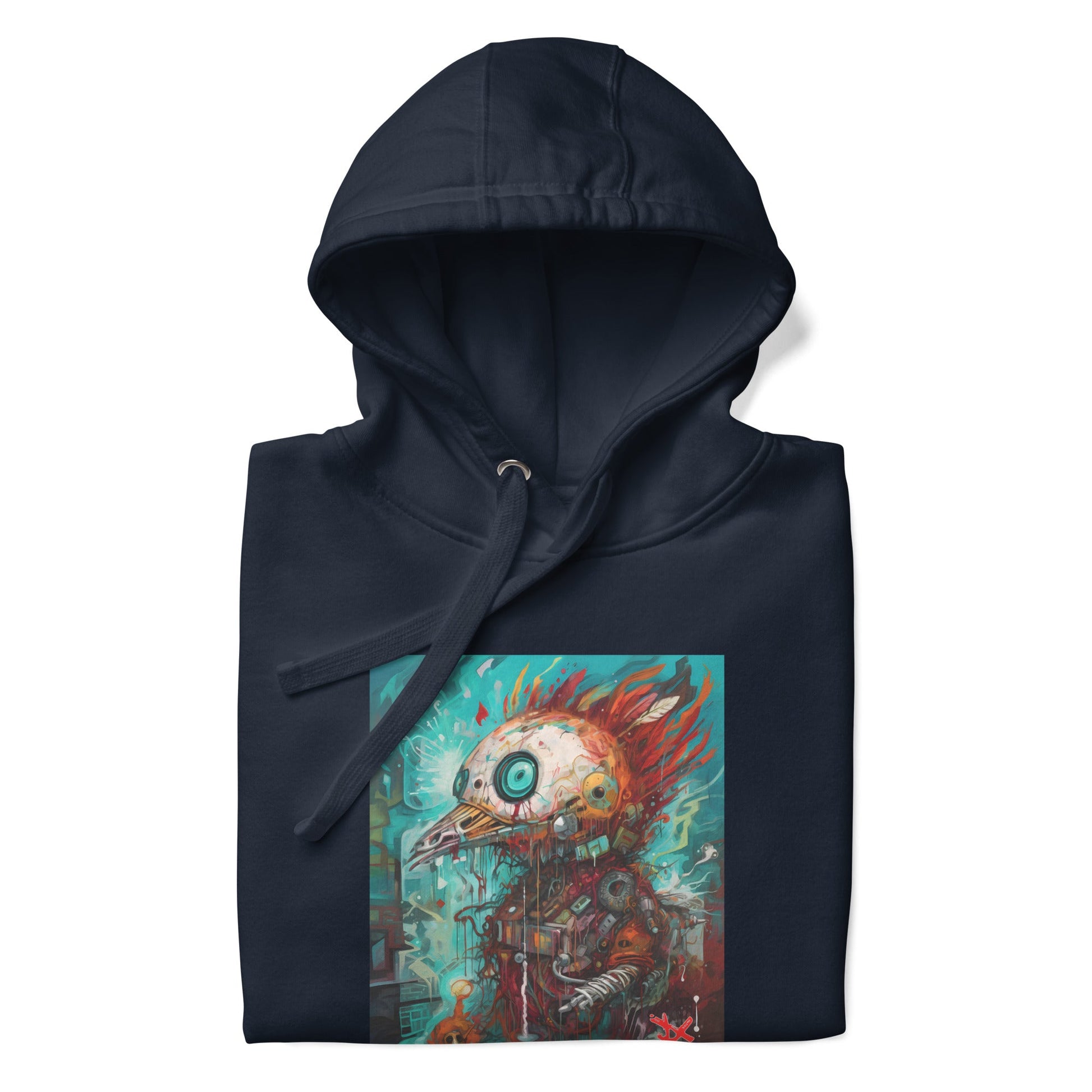 REBELLIOUS ROBO-BIRD Hoodie in Navy Blazer - Rarileto - Folded View